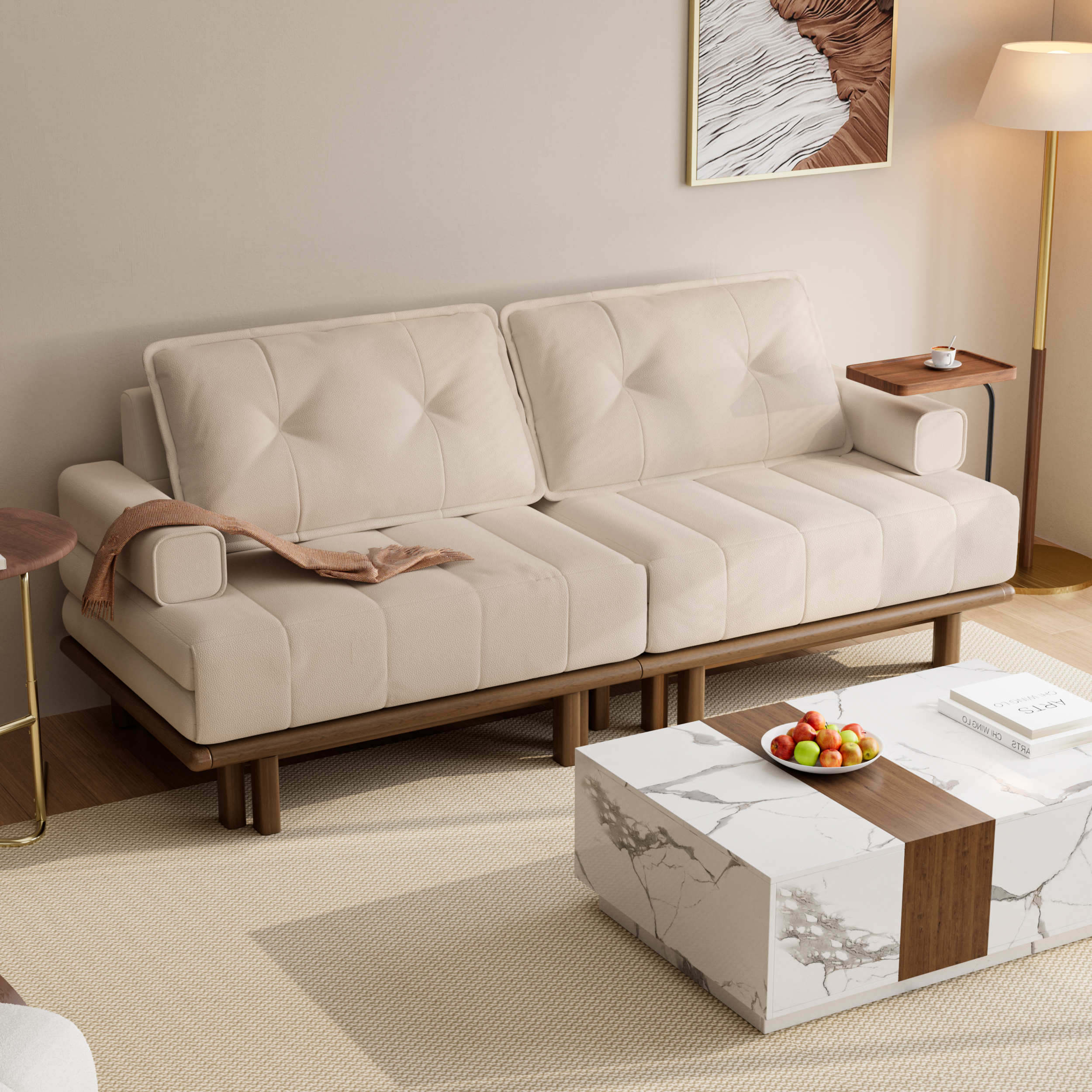 Queen 3-Seater Performance Leather Sofa Bed 79" Convertible Futon Bed with Side Table