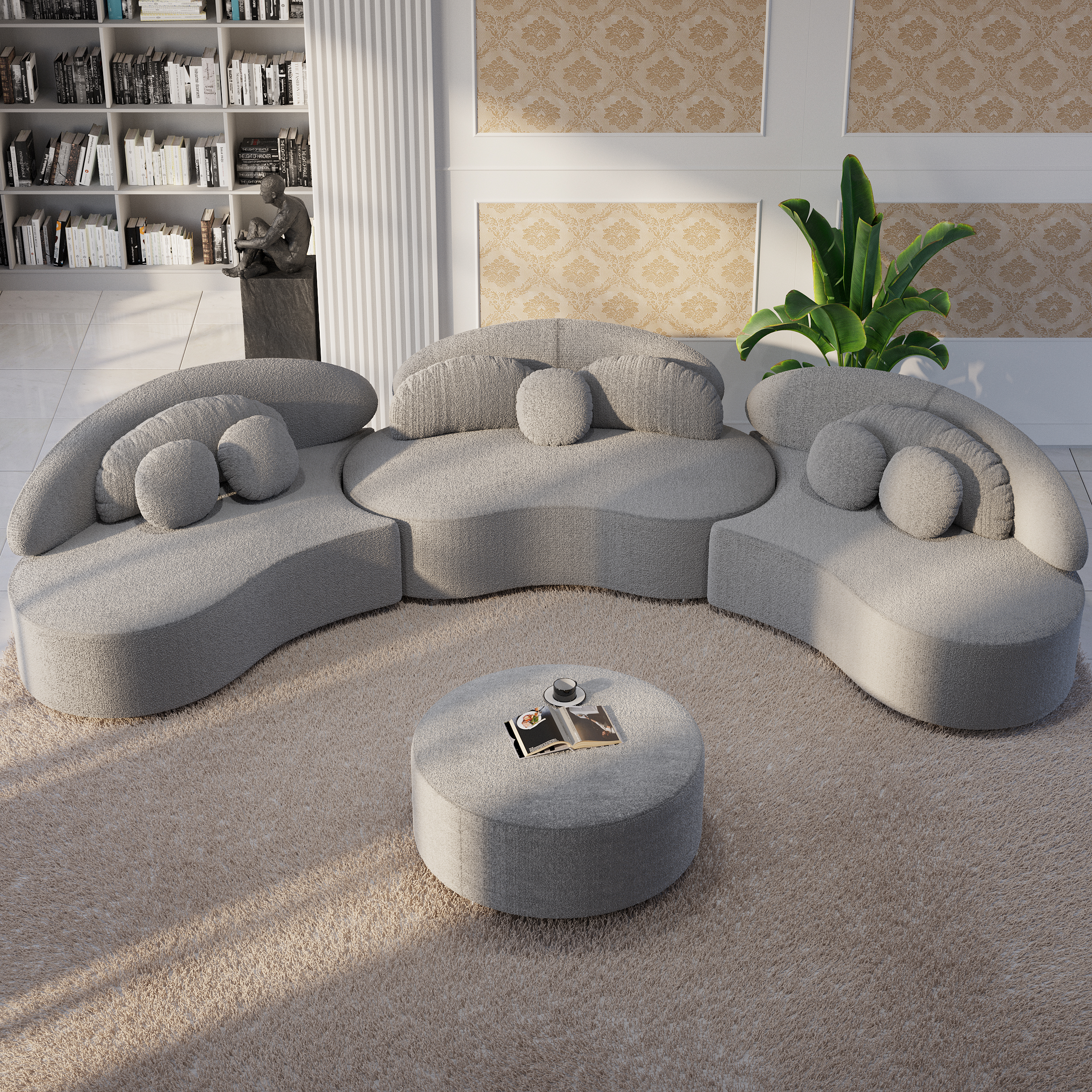 Sofá seccional moderno de 7 asientos, modular, curvo, boucle, tapizado con otomana