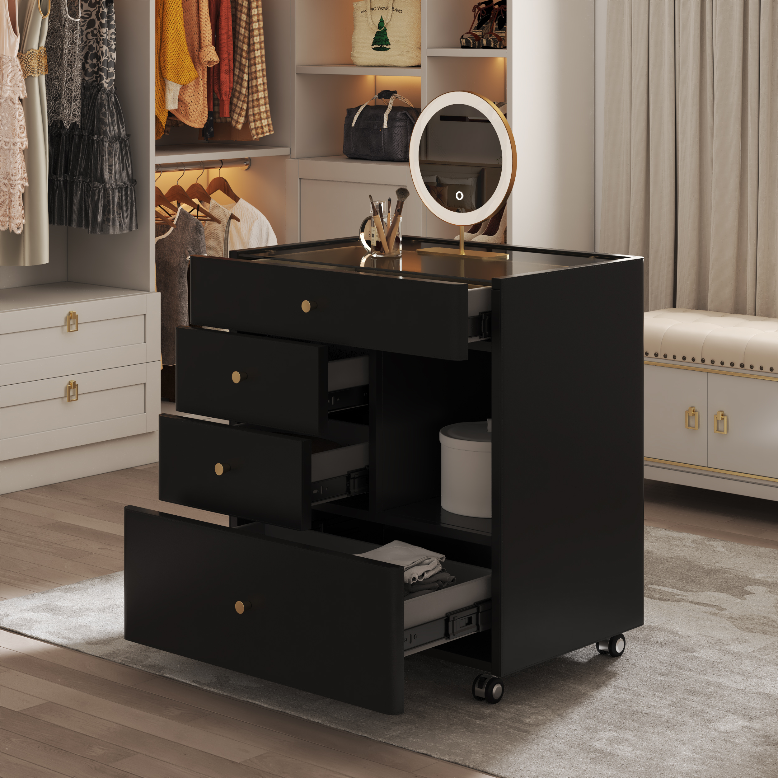 Saddle Leather Walk-In Closet Island Jewelry Dresser with Glass Top
