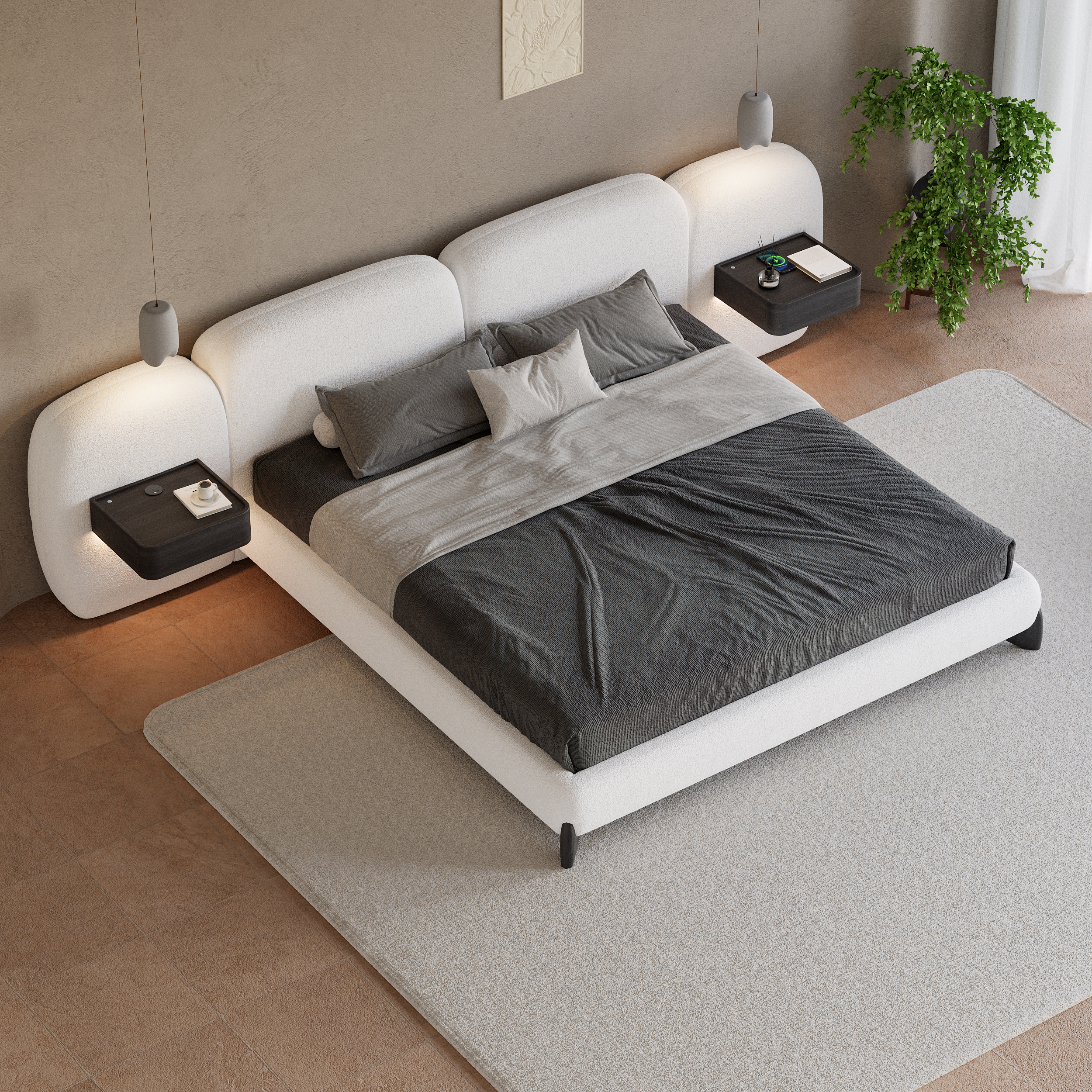 King Size Curva Boucle Upholstered Bed Frame with Extended Headboard & Floating Smart Nightstand