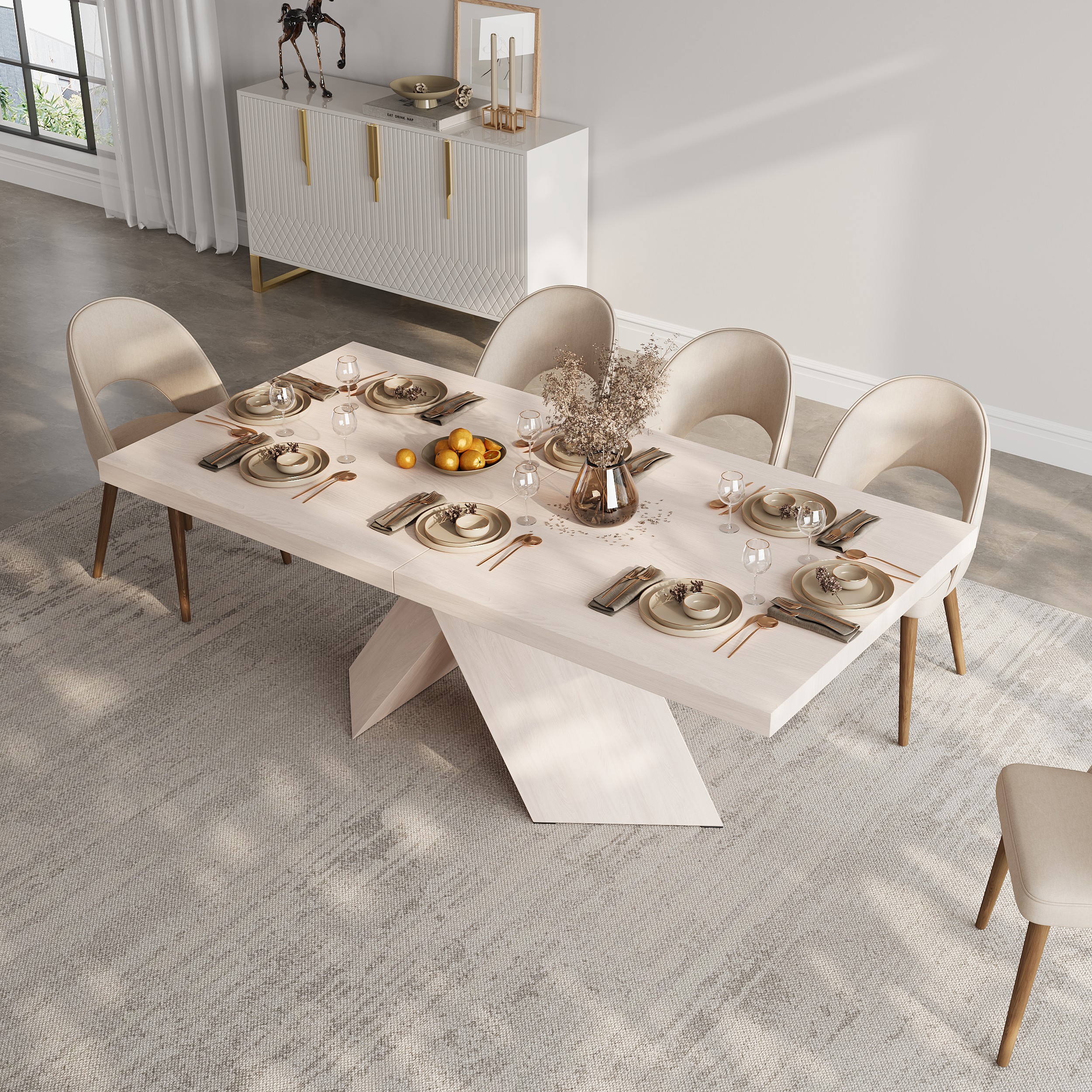 79"-94" Rectangle Dining Table Extendable Wood for 8 Person Farmhouse Style Whitewash Dining Room
