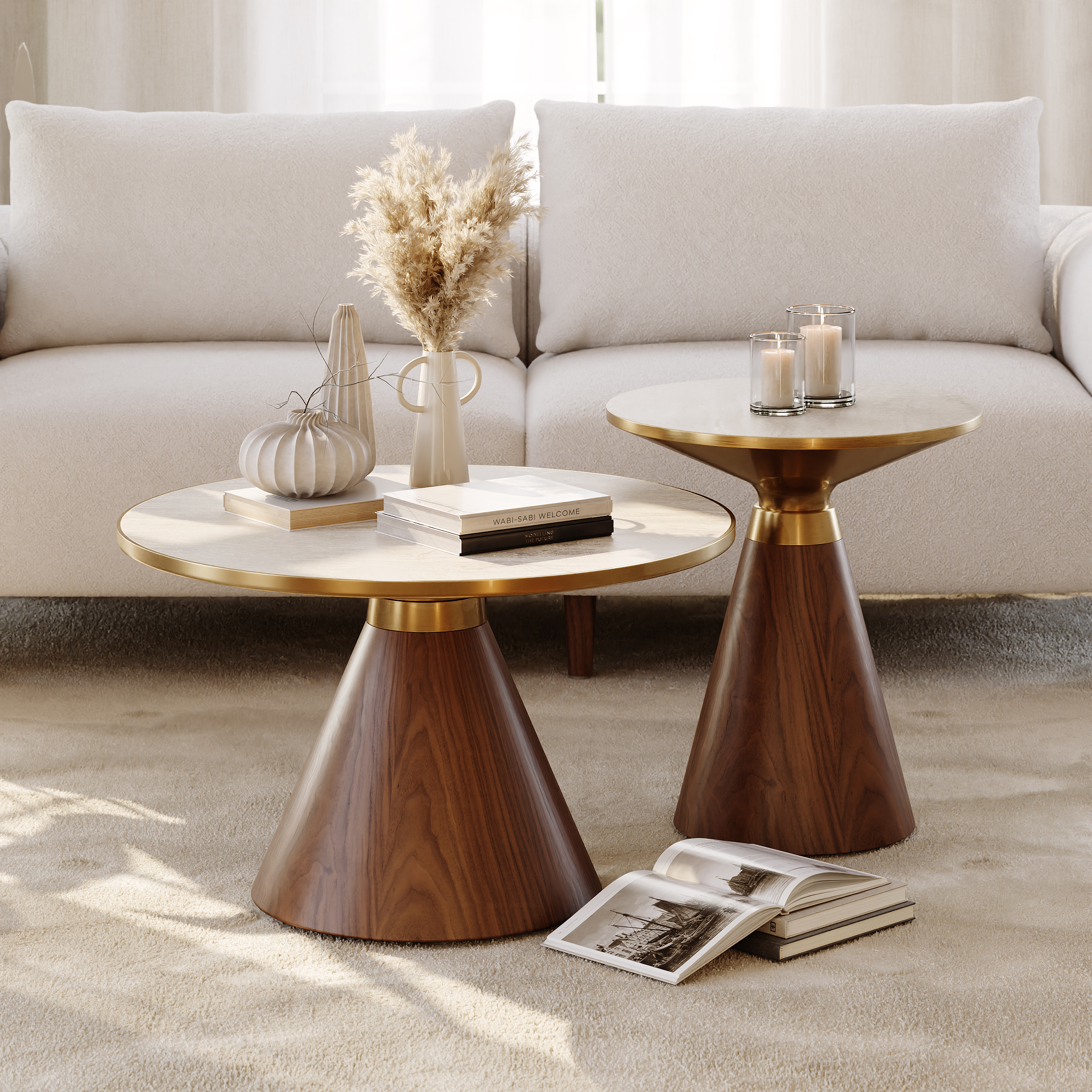 Travertine Sintered Stone Round Coffee Table 2 Pieces Set Modern Walnut Living Room