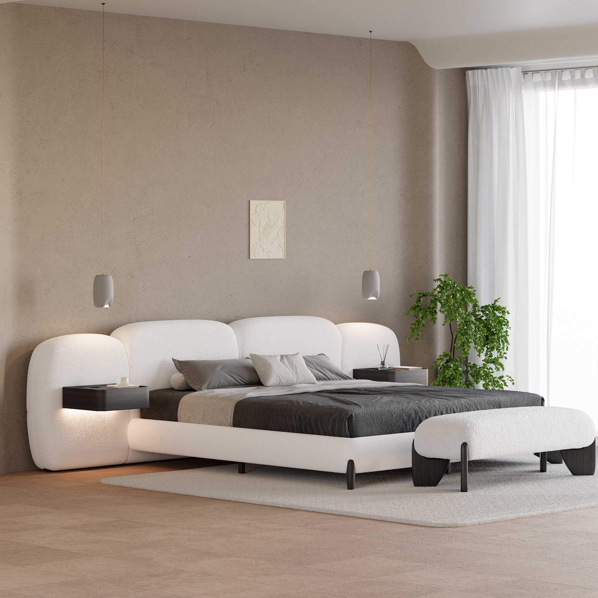 King Size Curva Boucle Upholstered Bed Frame with Extended Headboard & Floating Smart Nightstand