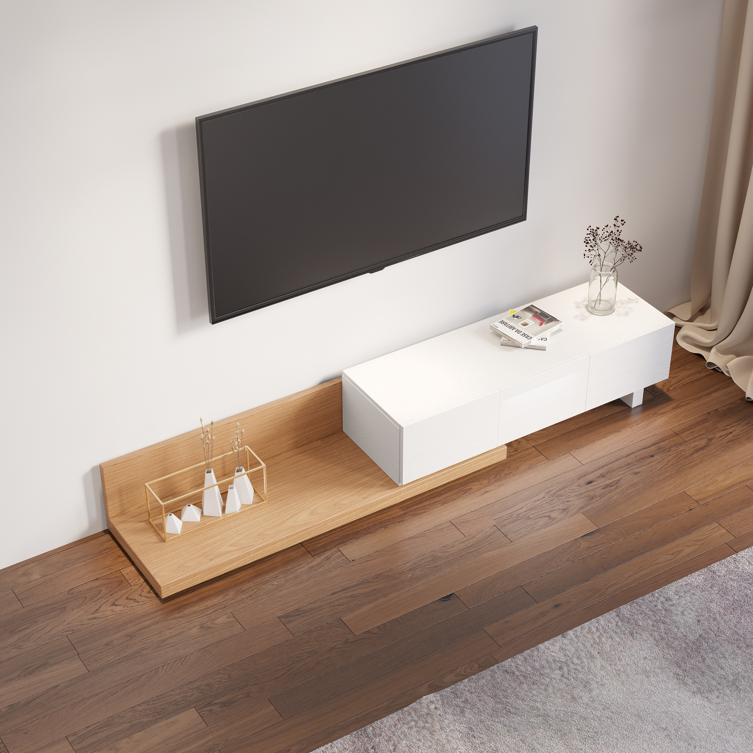 Homary Rectangle Wood Extendable TV Stand Natural & White Floor Media Console with 3