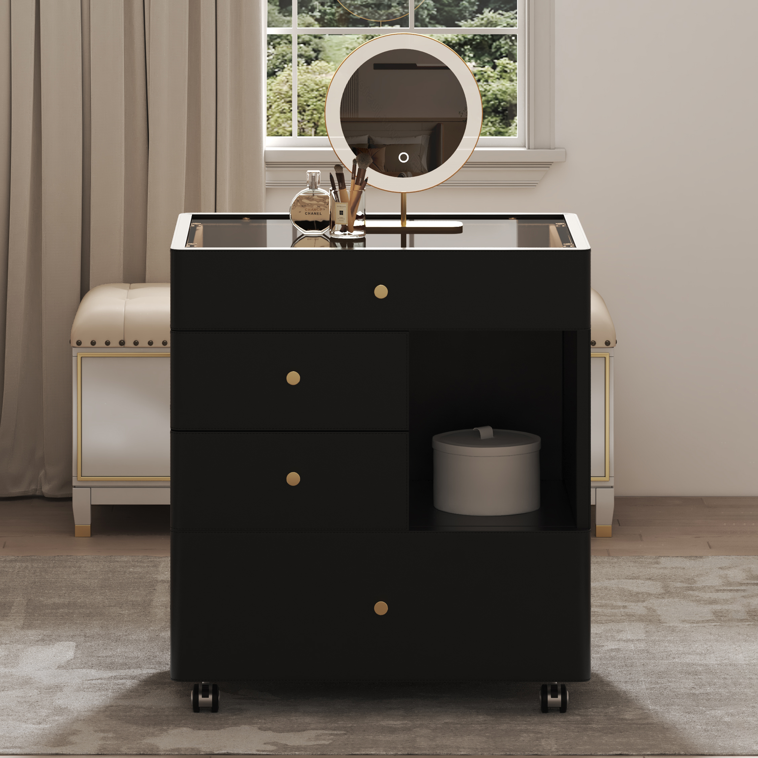 Saddle Leather Walk-In Closet Island Jewelry Dresser with Glass Top