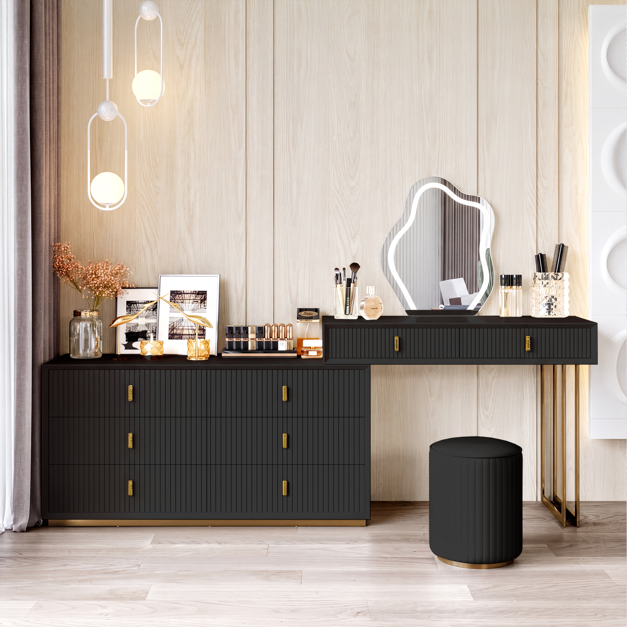 Set de tocador de maquillaje negro moderno con armario de 6 cajones, tocador con taburete y espejo