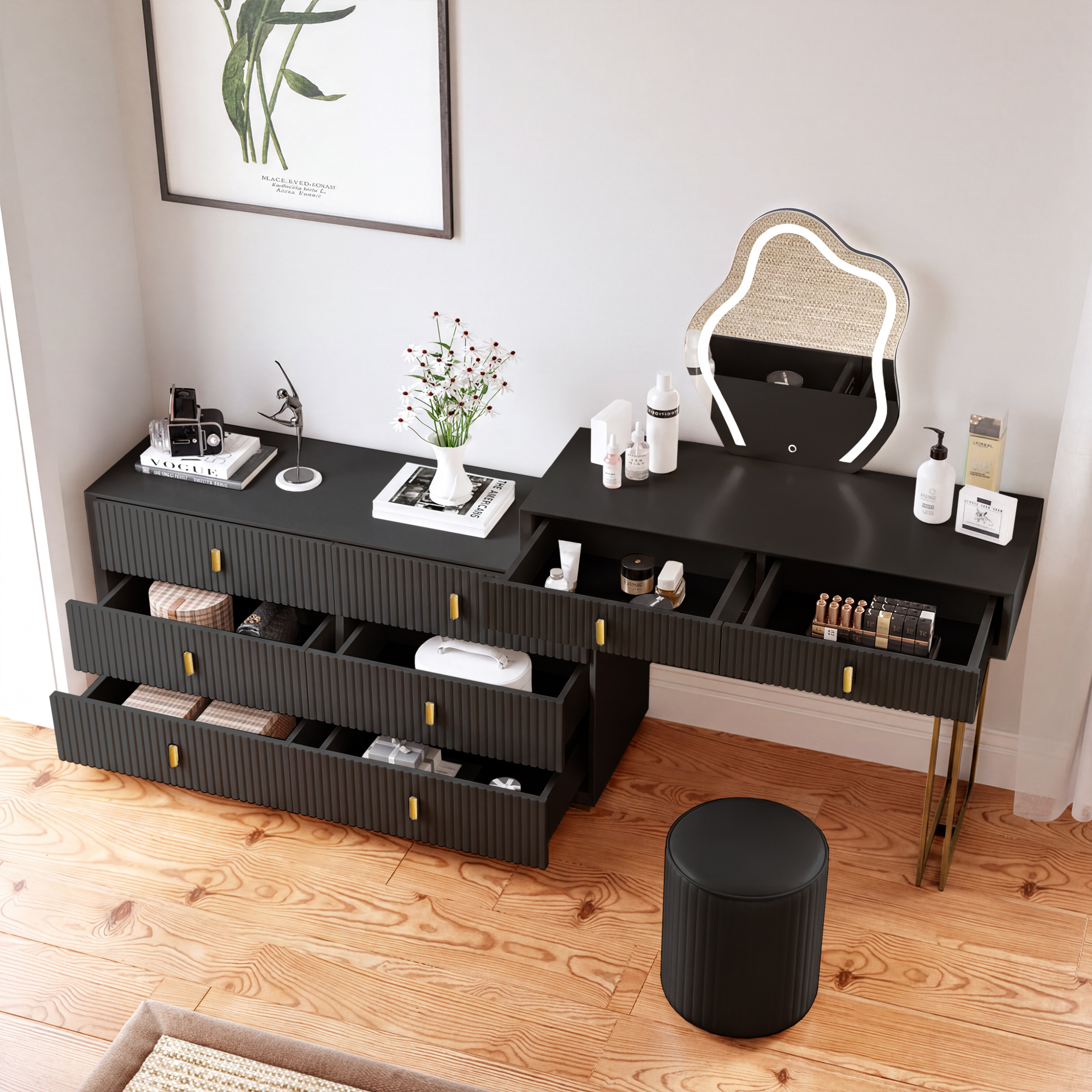 Modern Black Makeup Vanity Set with 6-Drawer Cabinet Dressing Table with Stool & Mirror