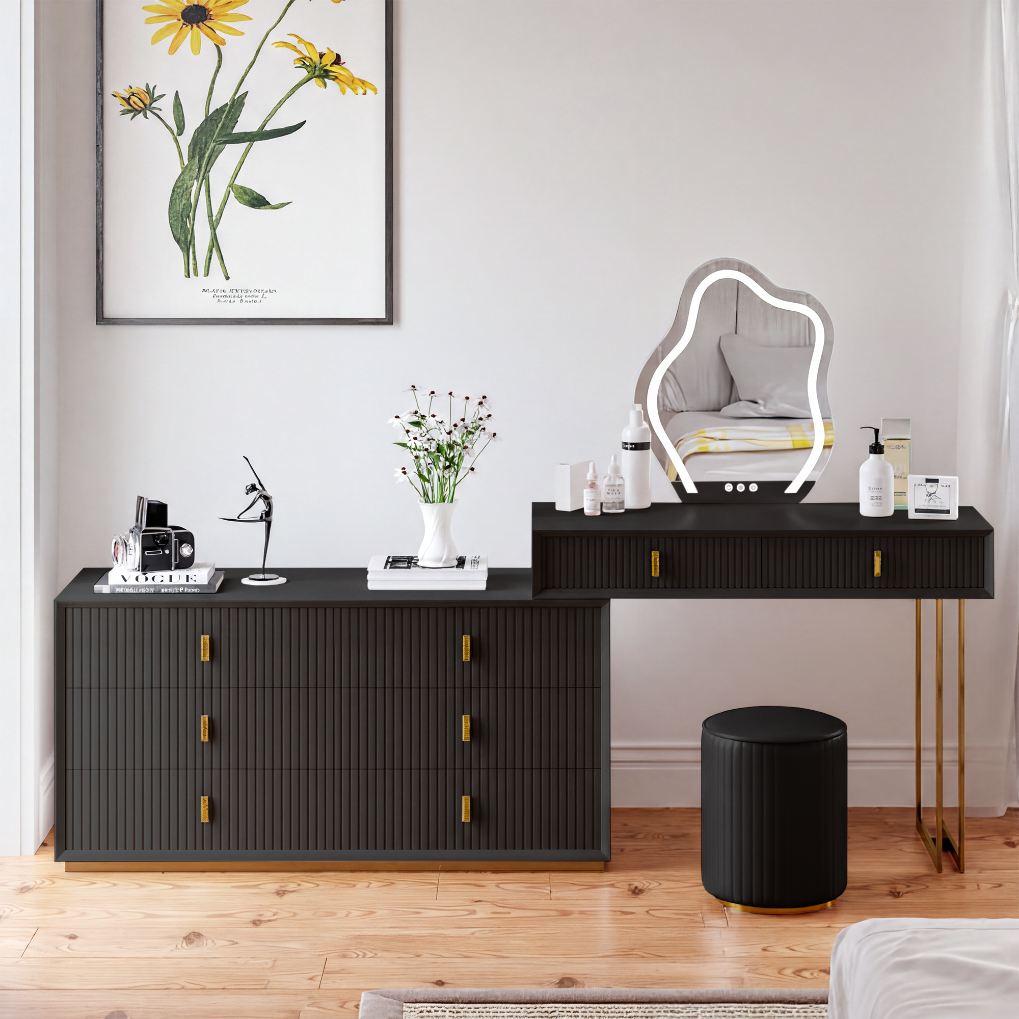 Modern Black Makeup Vanity Set with 6-Drawer Cabinet Dressing Table with Stool & Mirror