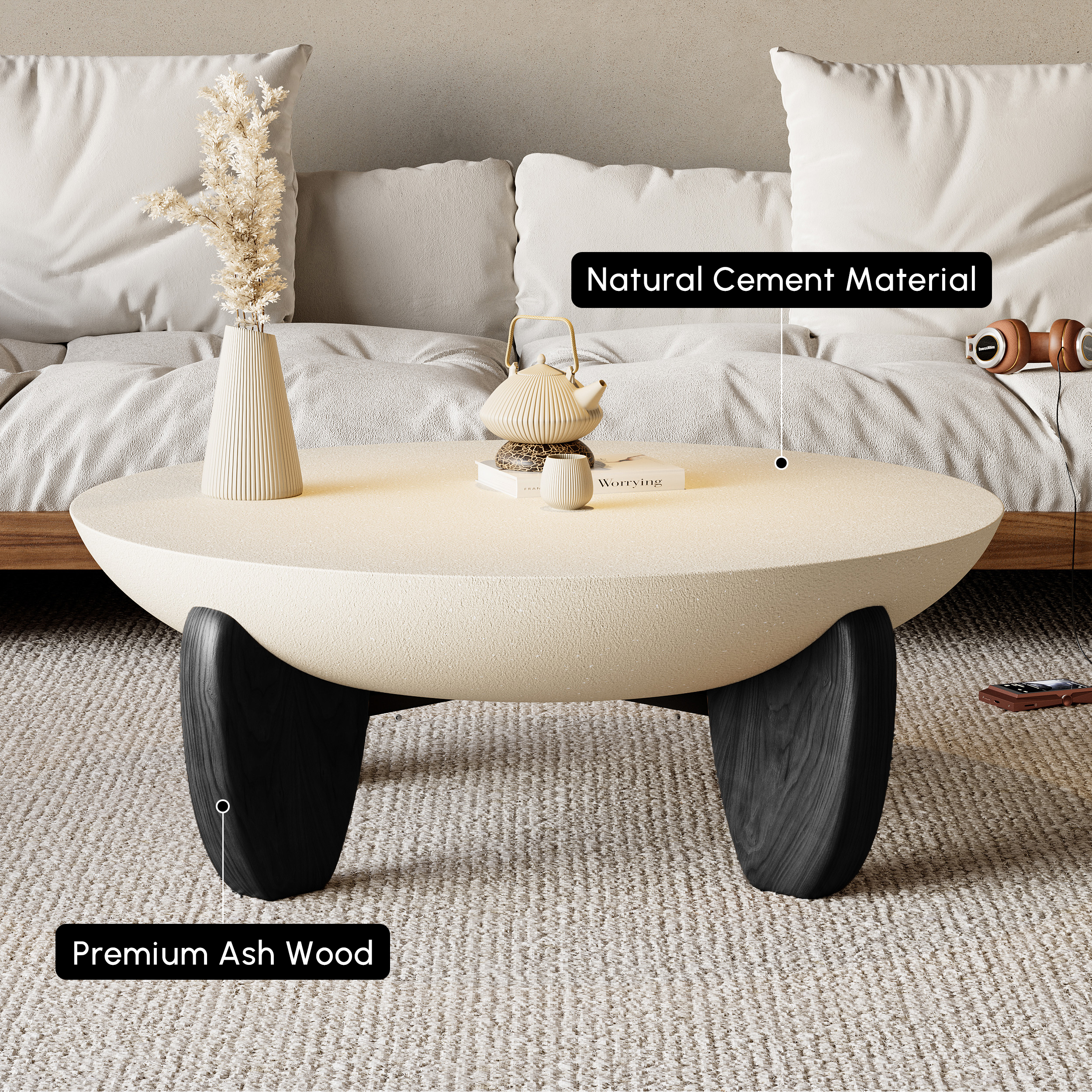 Curva Round Small Modern Beige & Black Coffee Table Concrete & Wood Accent Table