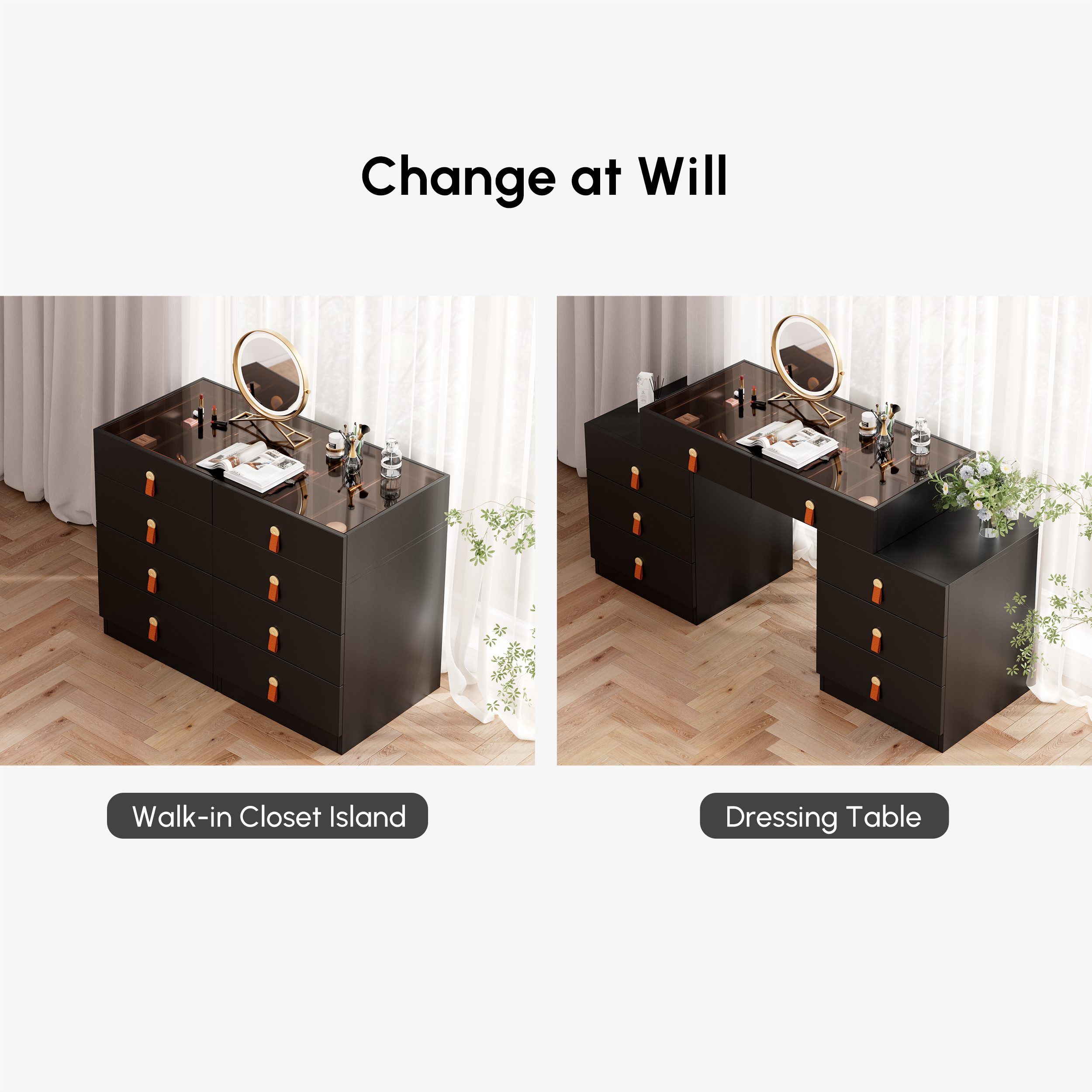 Extendable Makeup Vanity with Jewelry Storage Retractable Dresser Closet Island