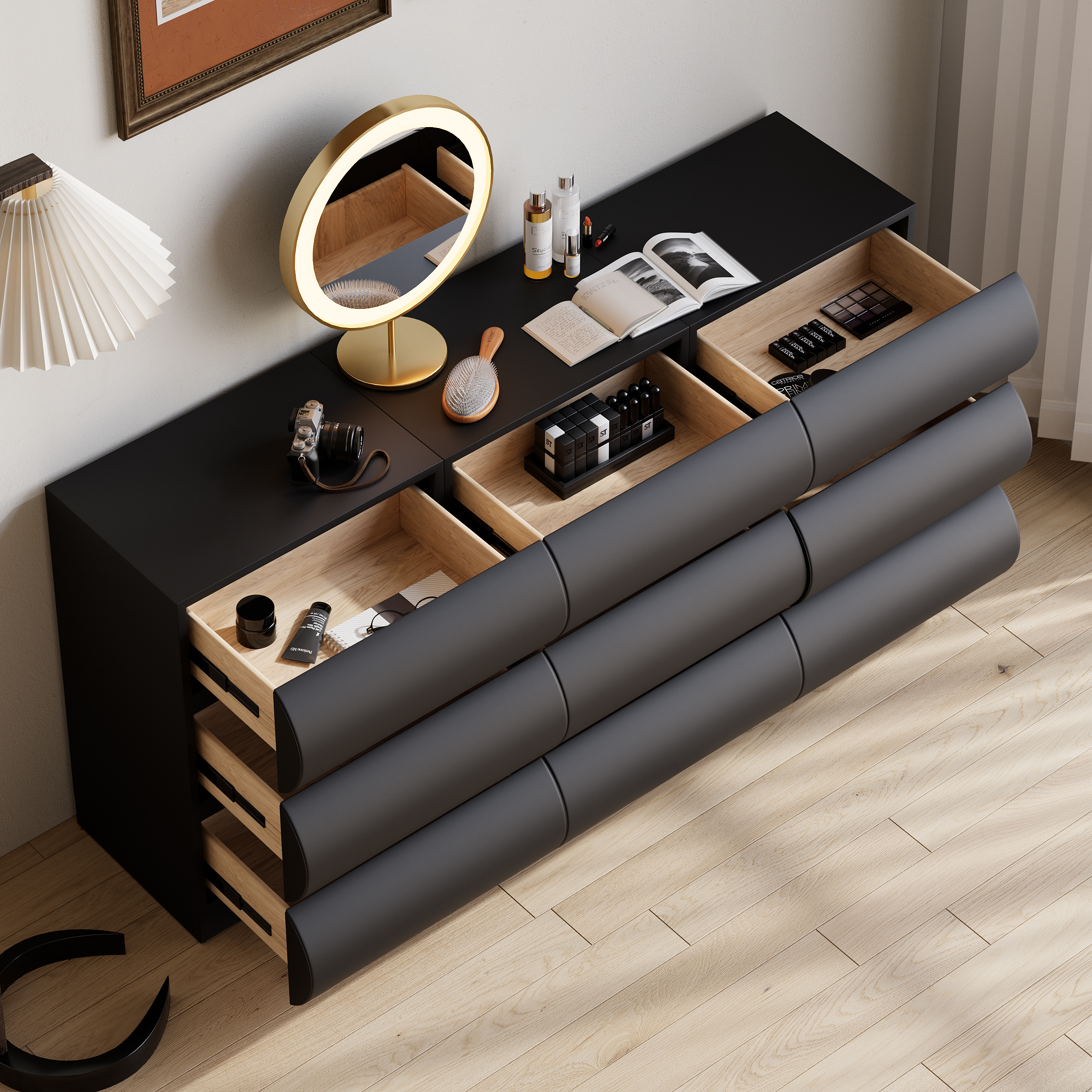 Humply Modern Black Leather 9 Drawer Dresser Chest with Storage Cabinet