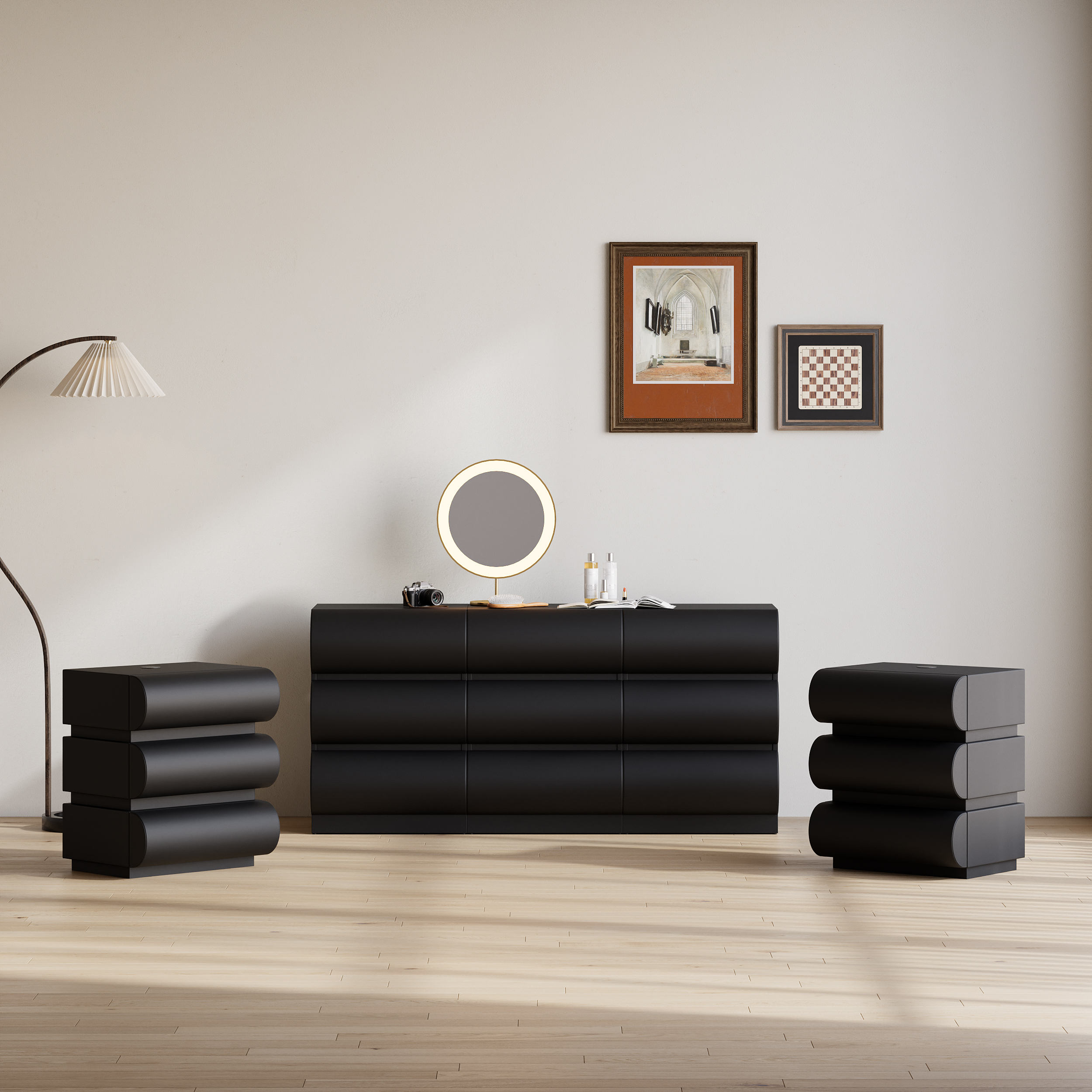 Humply Modern Black Leather 9 Drawer Dresser Chest with Storage Cabinet