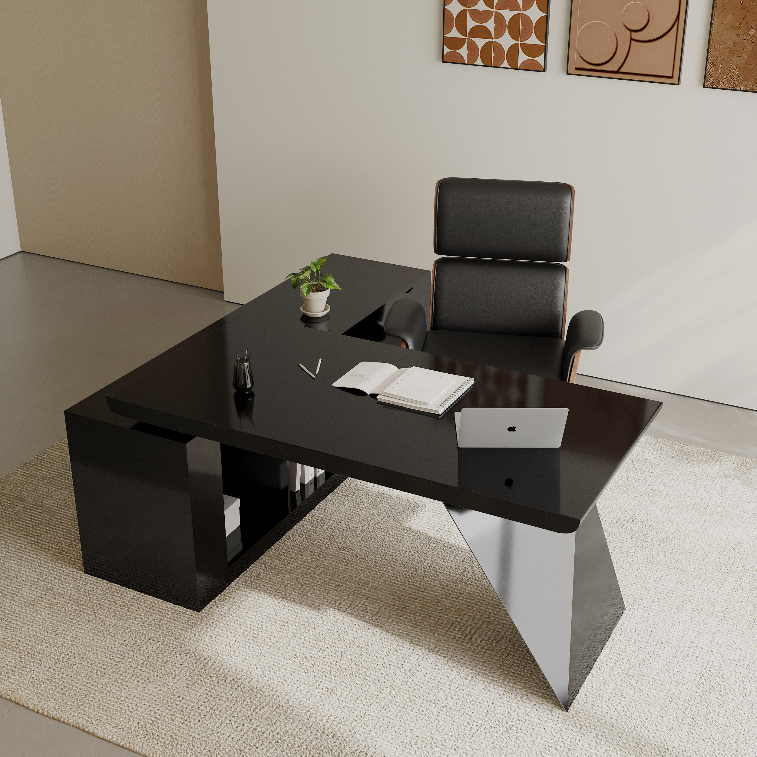 Set Black L-Shape Executive Desk Right Hand Reclining Leather Office Desk Chair (70.9" )