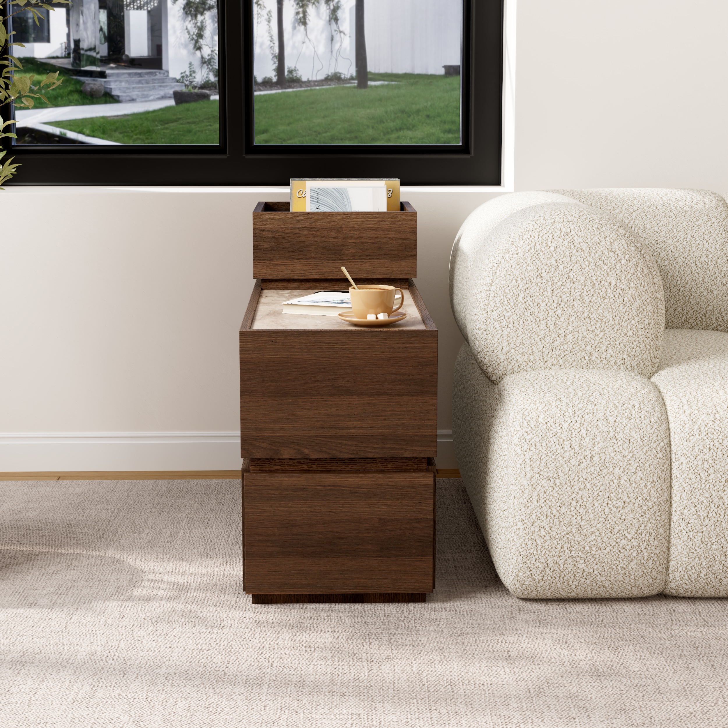 Travertine Stone Top Narrow Smart Side Table with Storage Modern Walnut End Table with USB
