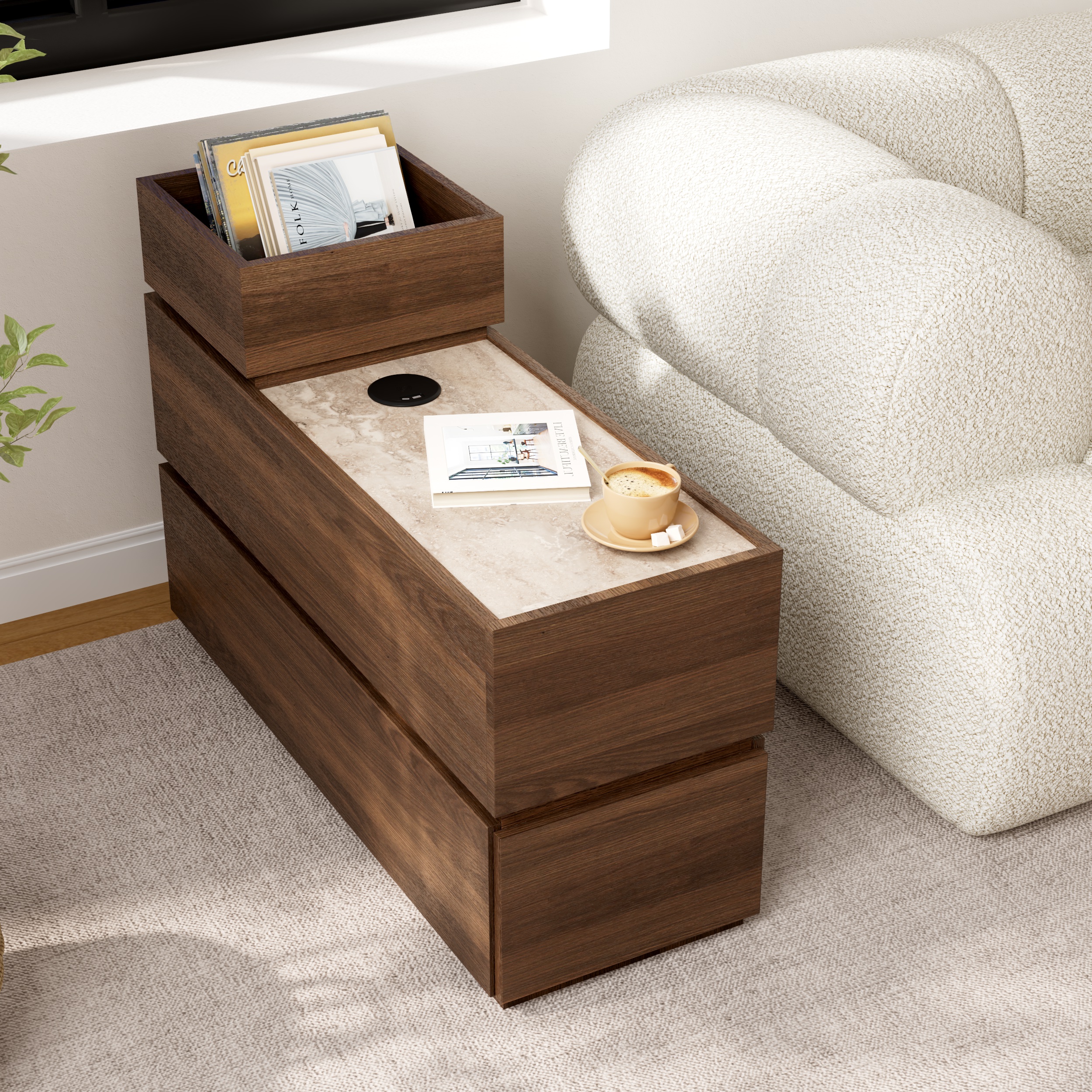 Travertine Stone Top Narrow Smart Side Table with Storage Modern Walnut End Table with USB