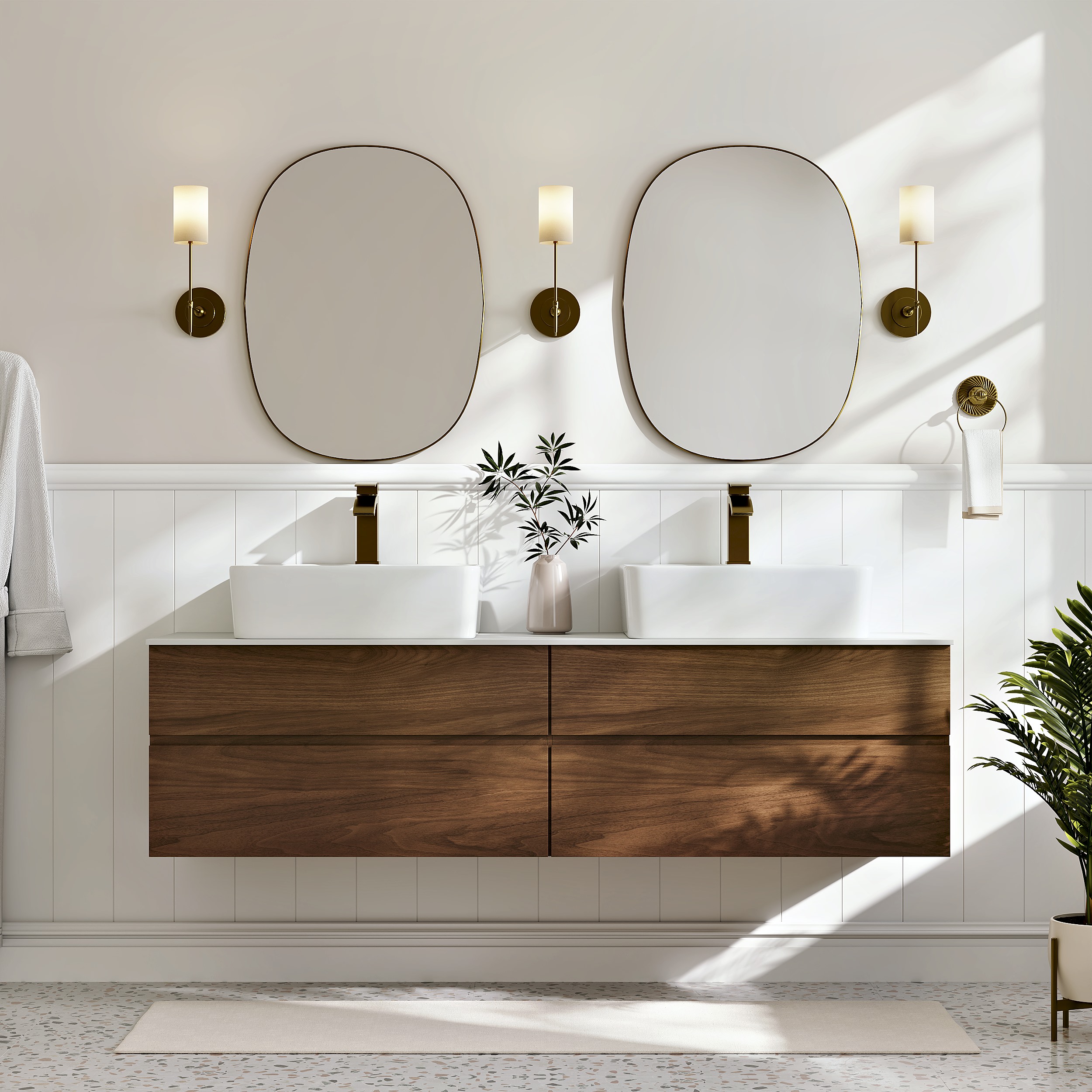 150 cm Double-Sink Bathroom Vanity in Walnut Floating Design