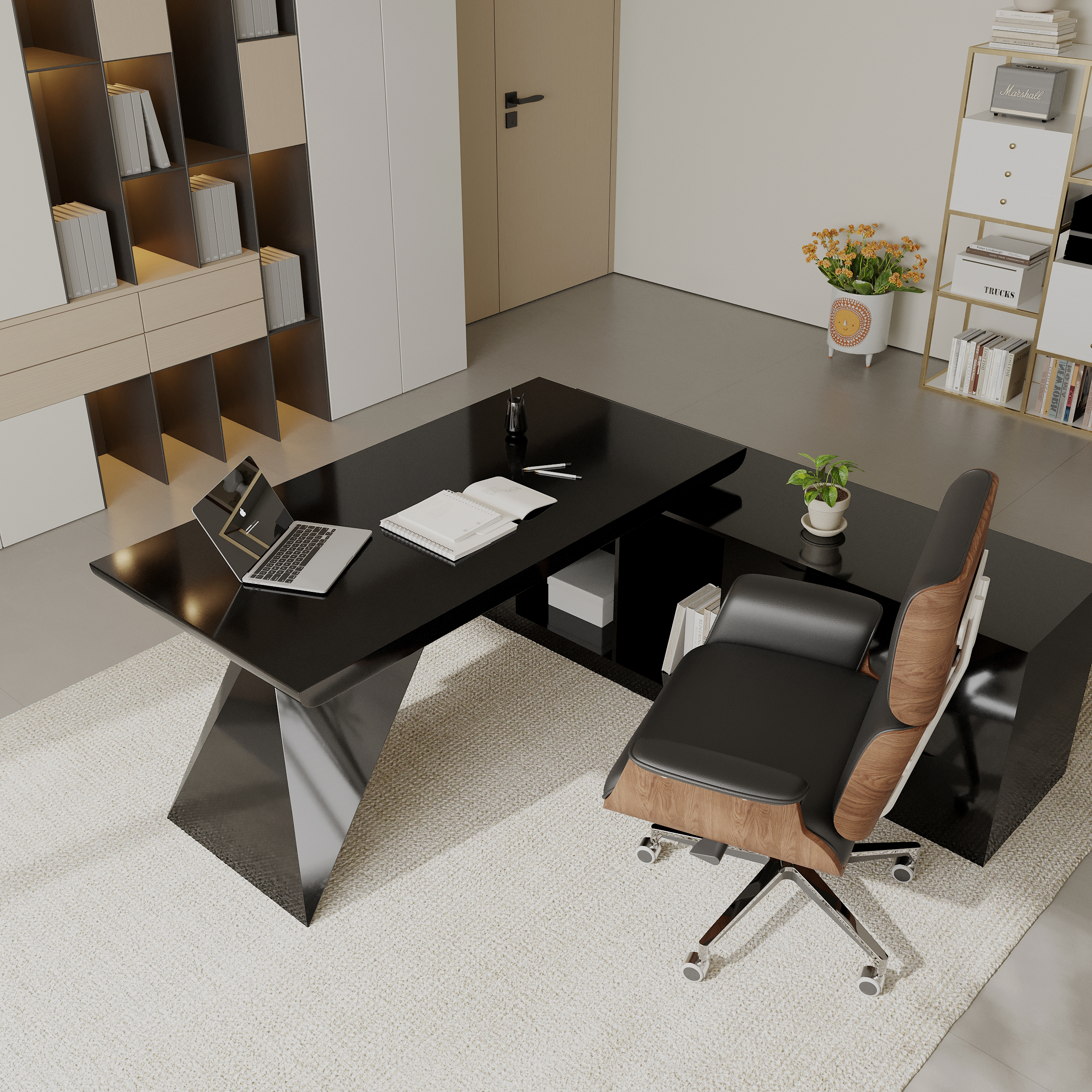 Set Black L-Shape Executive Desk Right Hand Reclining Leather Office Desk Chair (70.9" )