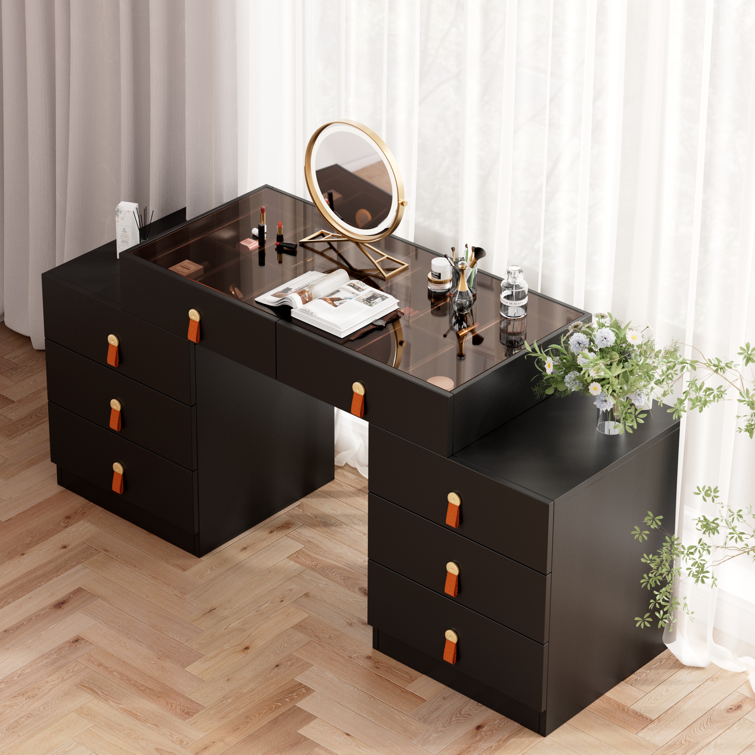 Extendable Makeup Vanity with Jewelry Storage Retractable Dresser Closet Island