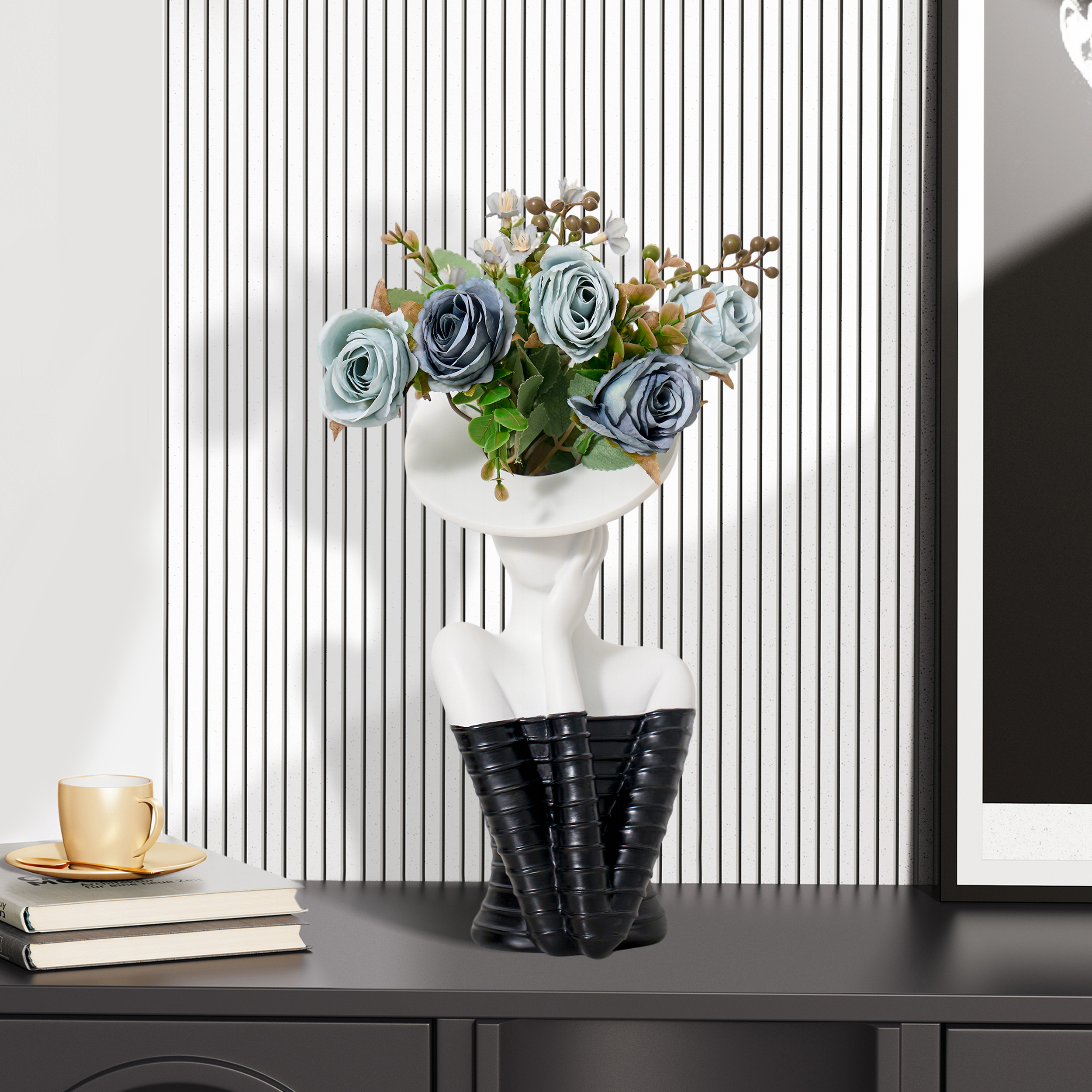 Sculptural Decorative Flower Arrangement, Resin Art Vase with 5-Head Artificial Roses