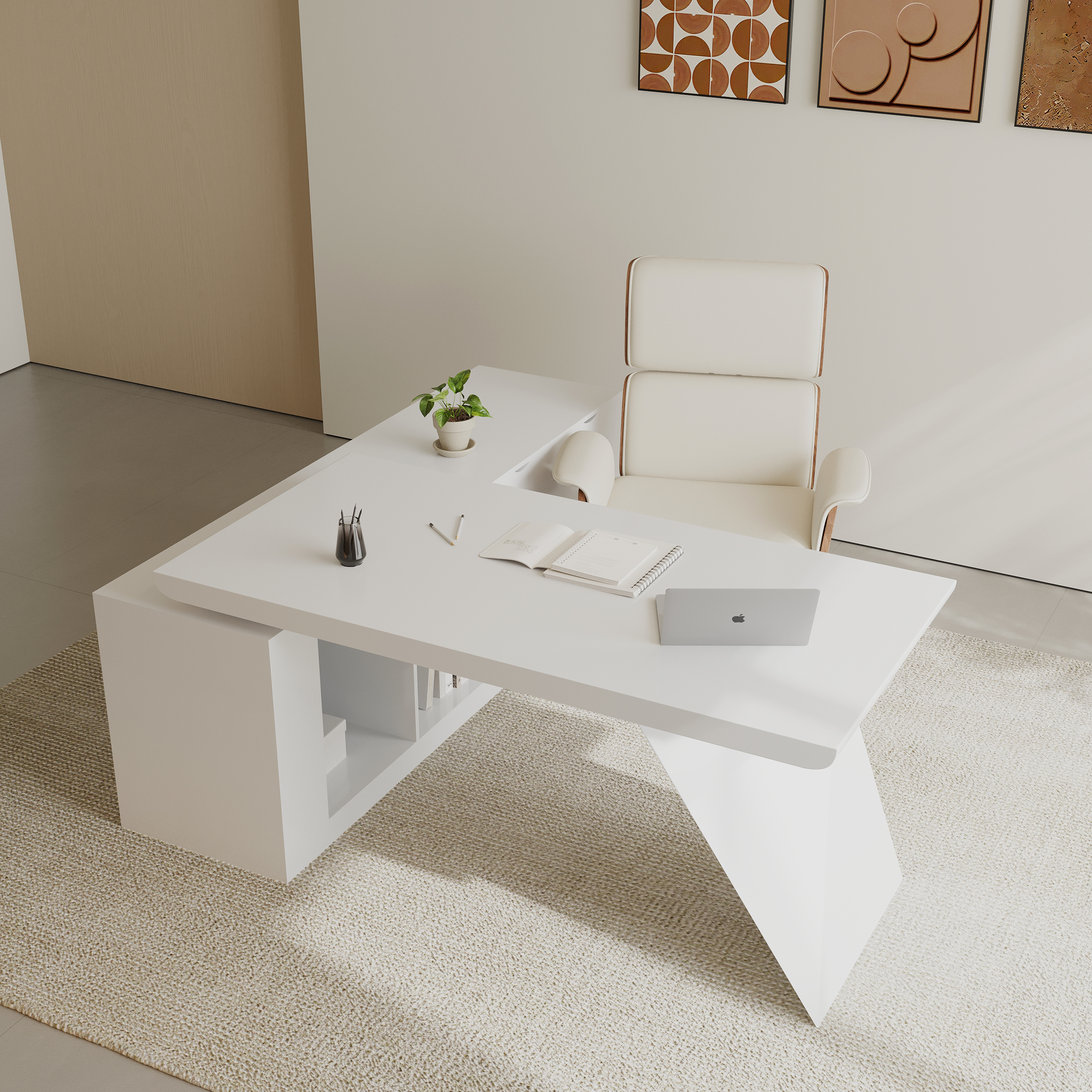 Modern White L-Shape Right Hand Executive Desk & Office Chair Set (70.9'')