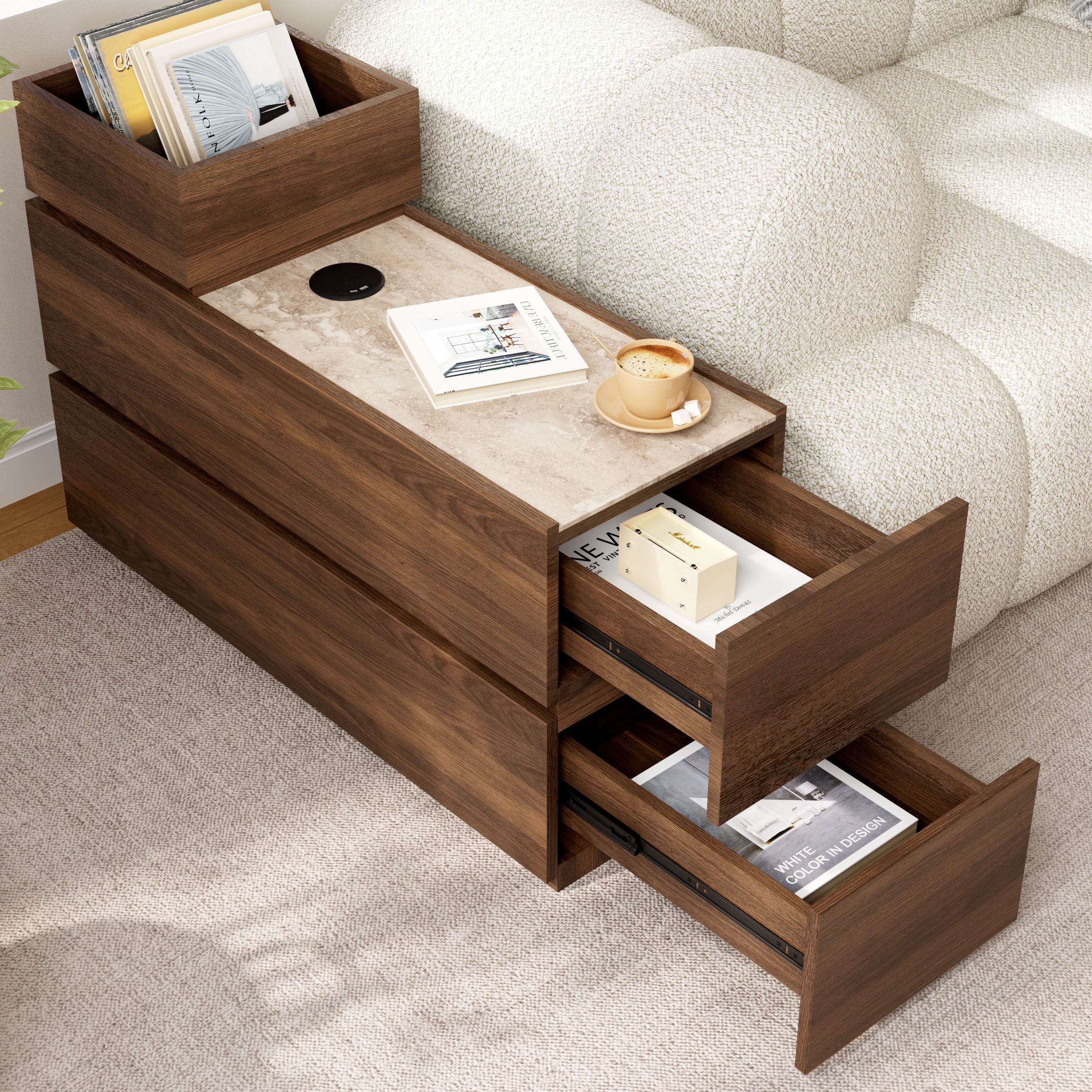 Travertine Stone Top Narrow Smart Side Table with Storage Modern Walnut End Table with USB