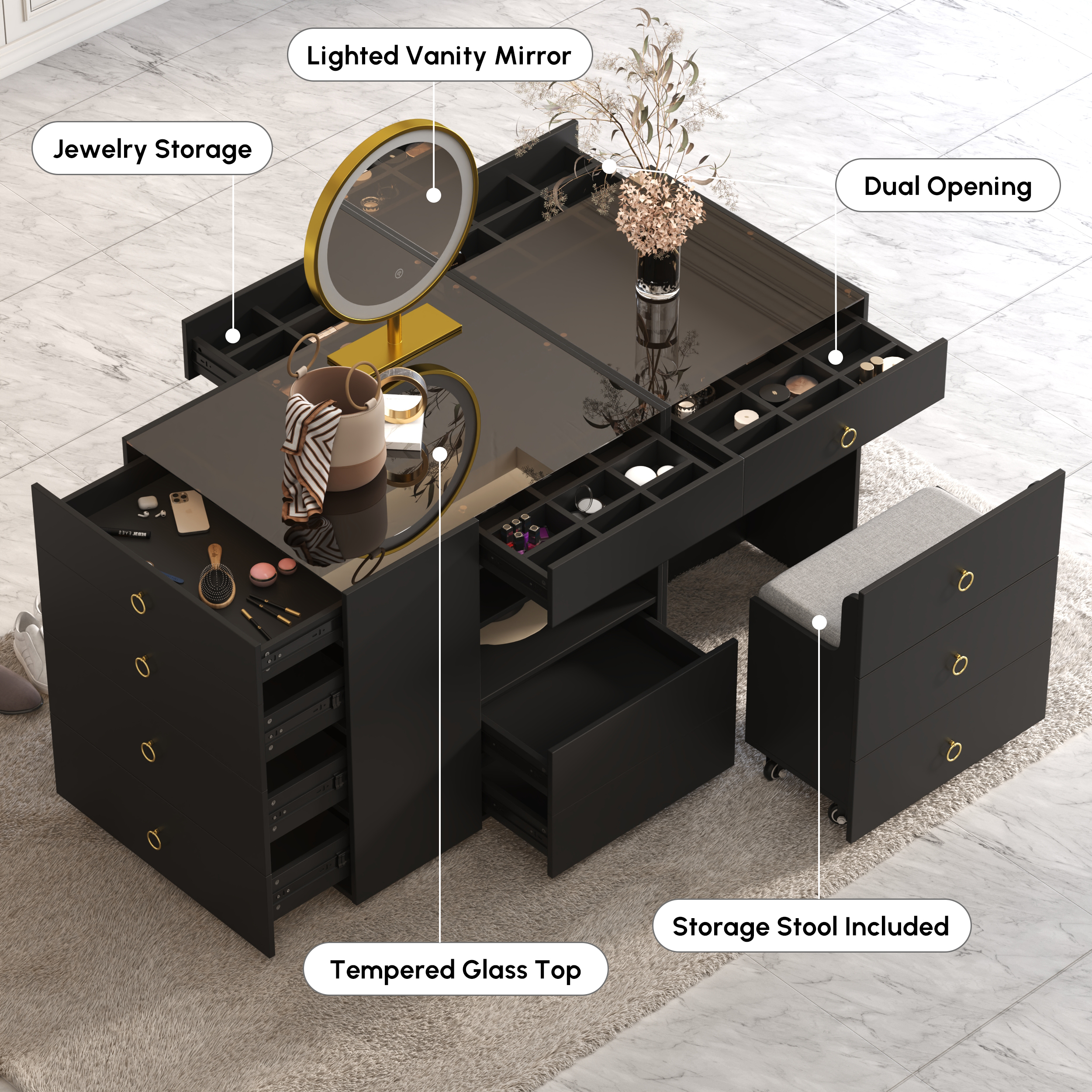 black dresser vanity Acena 7-Drawer Vanity Set With Lighting Black High Gloss