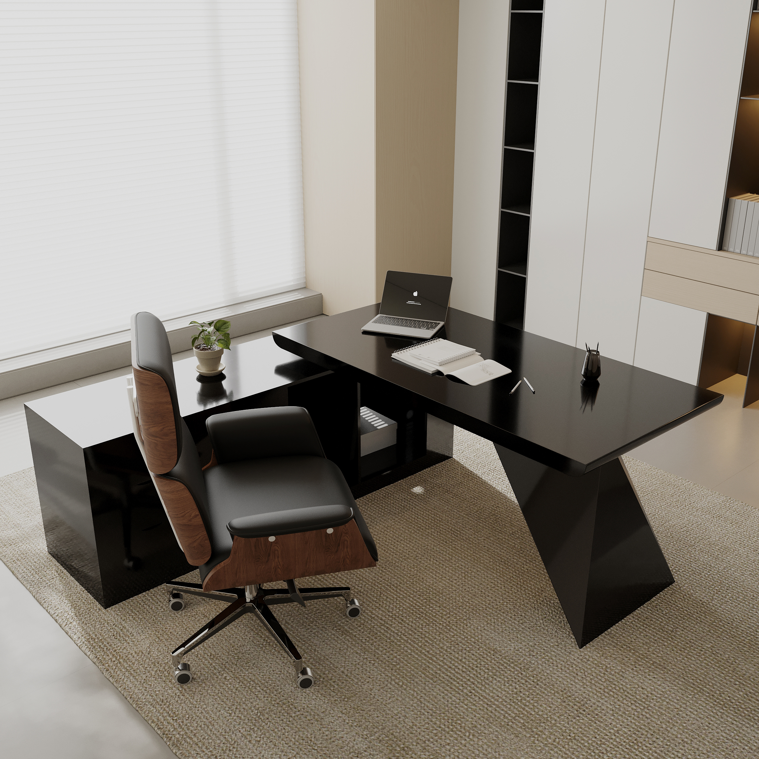 70.9" Set Black L-Shape Executive Desk Left Hand Reclining Leather Office Desk Chair