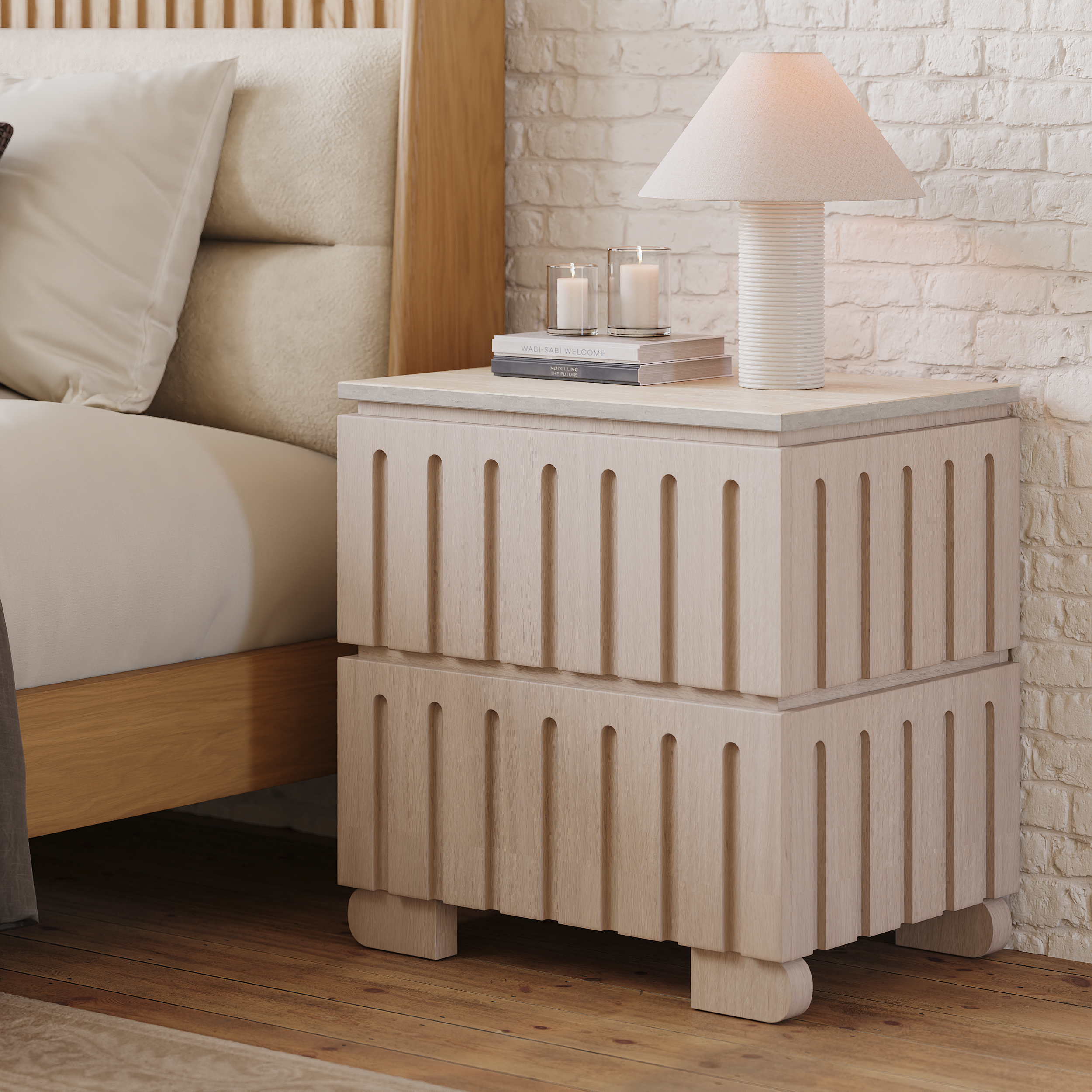 Ash Wood 2-Drawer Nightstand with Faux Travertine Top Set of 2