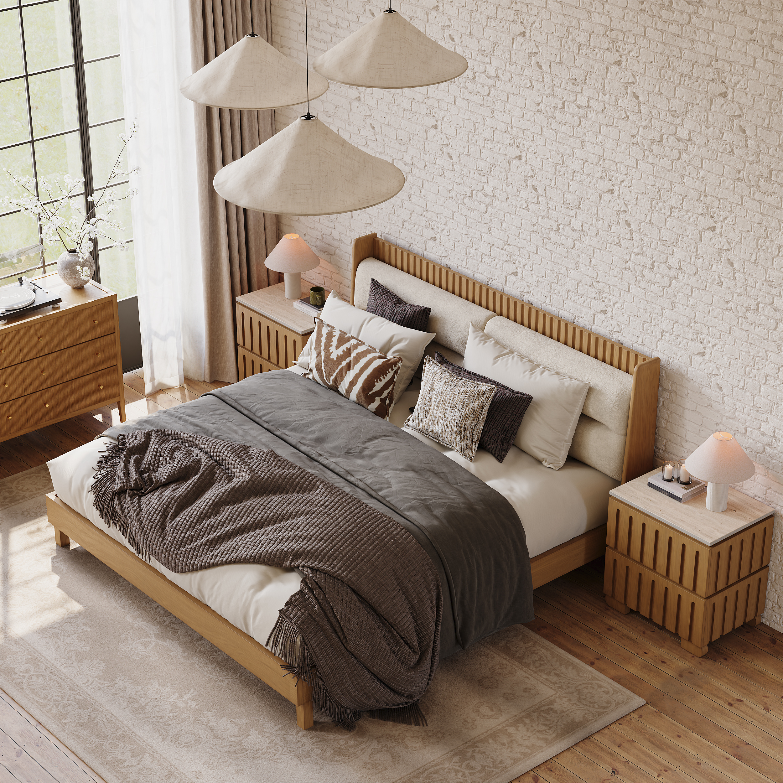 Modern Solid Wood Queen Upholstered Bed & 2 Drawer Ash Wood Nightstand Set with with Faux Travertine