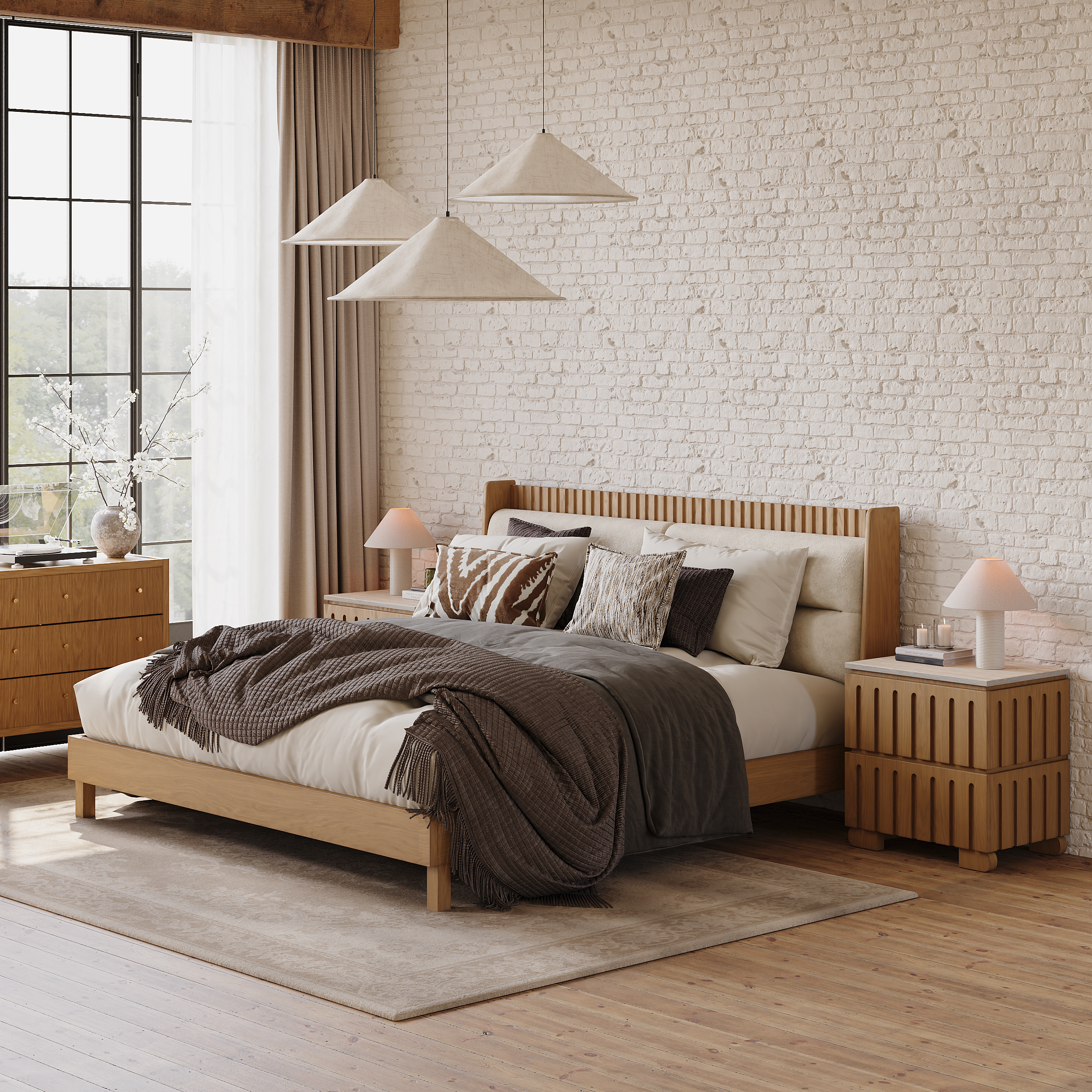 Modern Solid Wood Queen Upholstered Bed & 2 Drawer Ash Wood Nightstand Set with with Faux Travertine