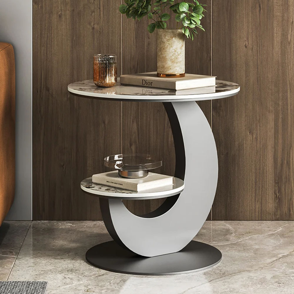 Sintered Stone Side Table 2 Tier Decorative Cocktail Table Round End Table Modern Simplicity Living