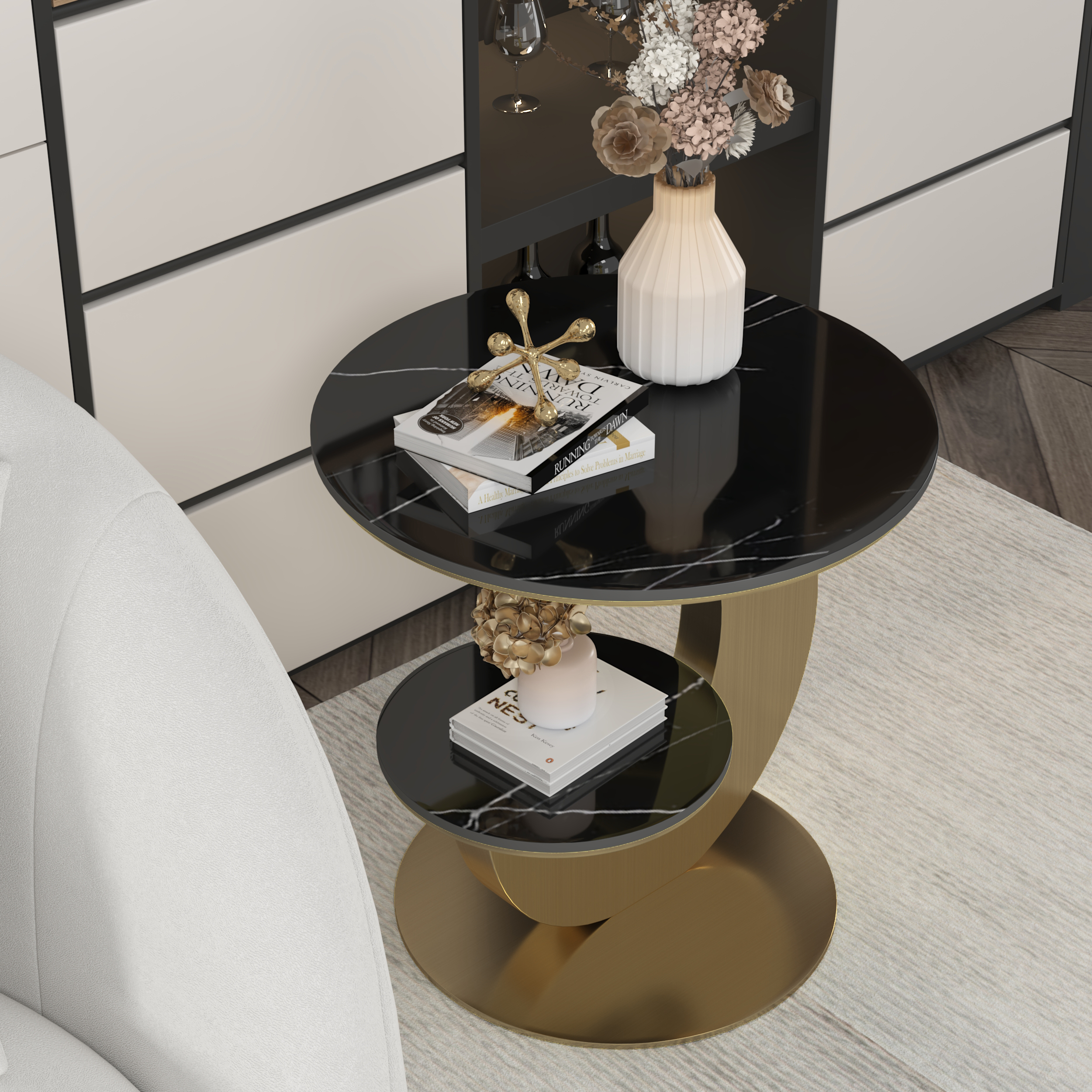 Round Faux Marble 2 Tier End Table Modern Black & Gold Side Table