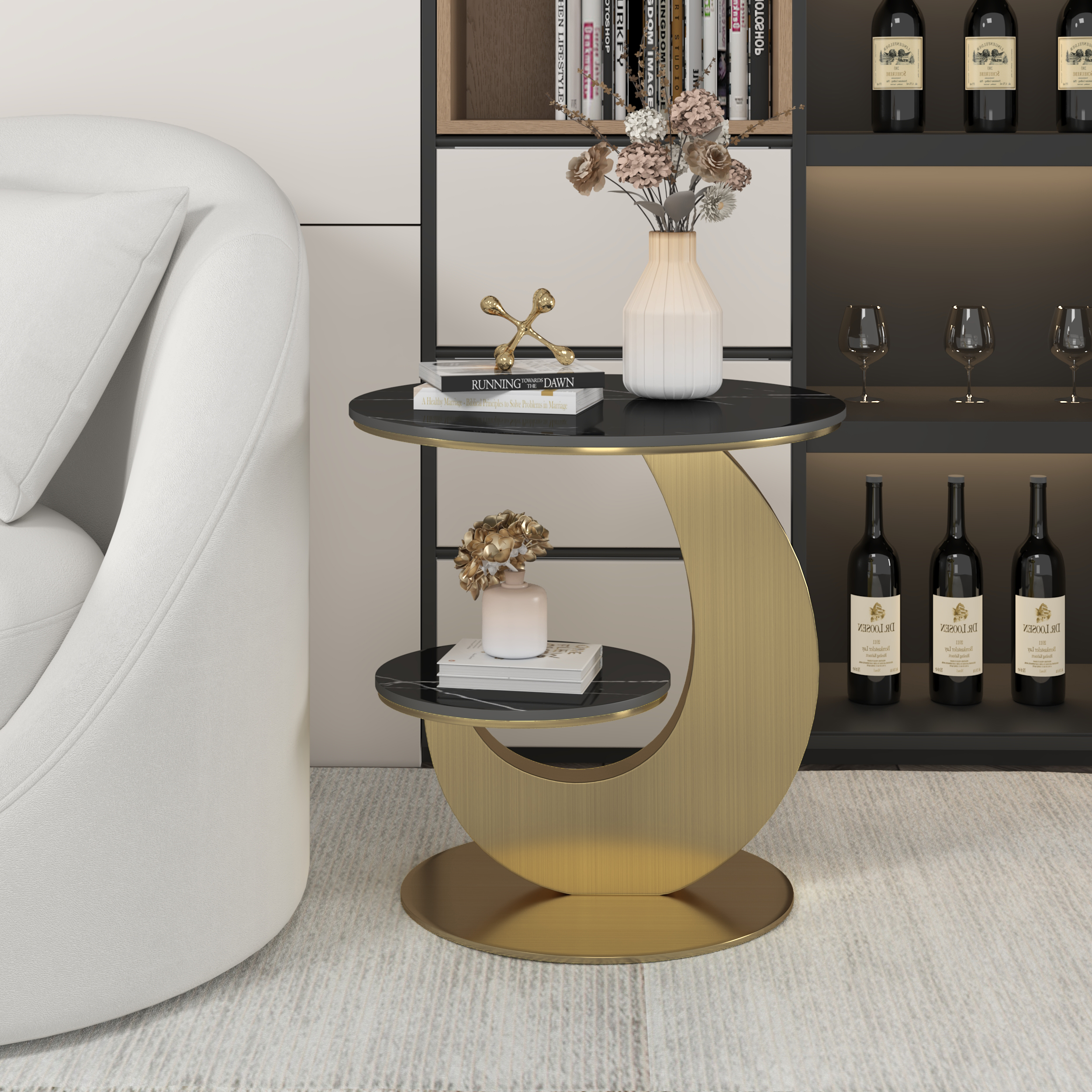 Round Faux Marble 2 Tier End Table Modern Black & Gold Side Table