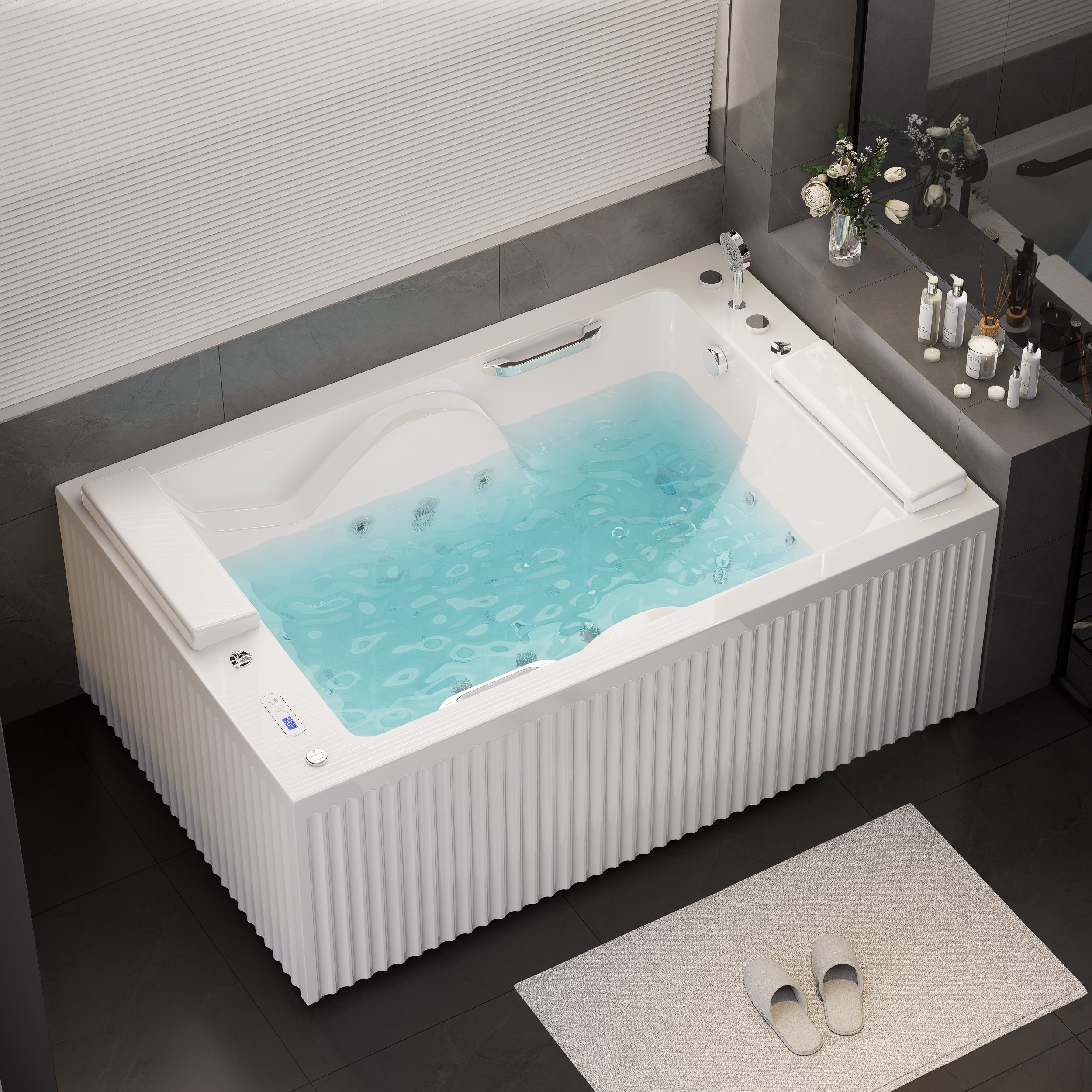 66.7" Double Jacuzzi Bathtub with LED-Lit & Waterfall Pillow Rectangular Acrylic Whirlpool Water