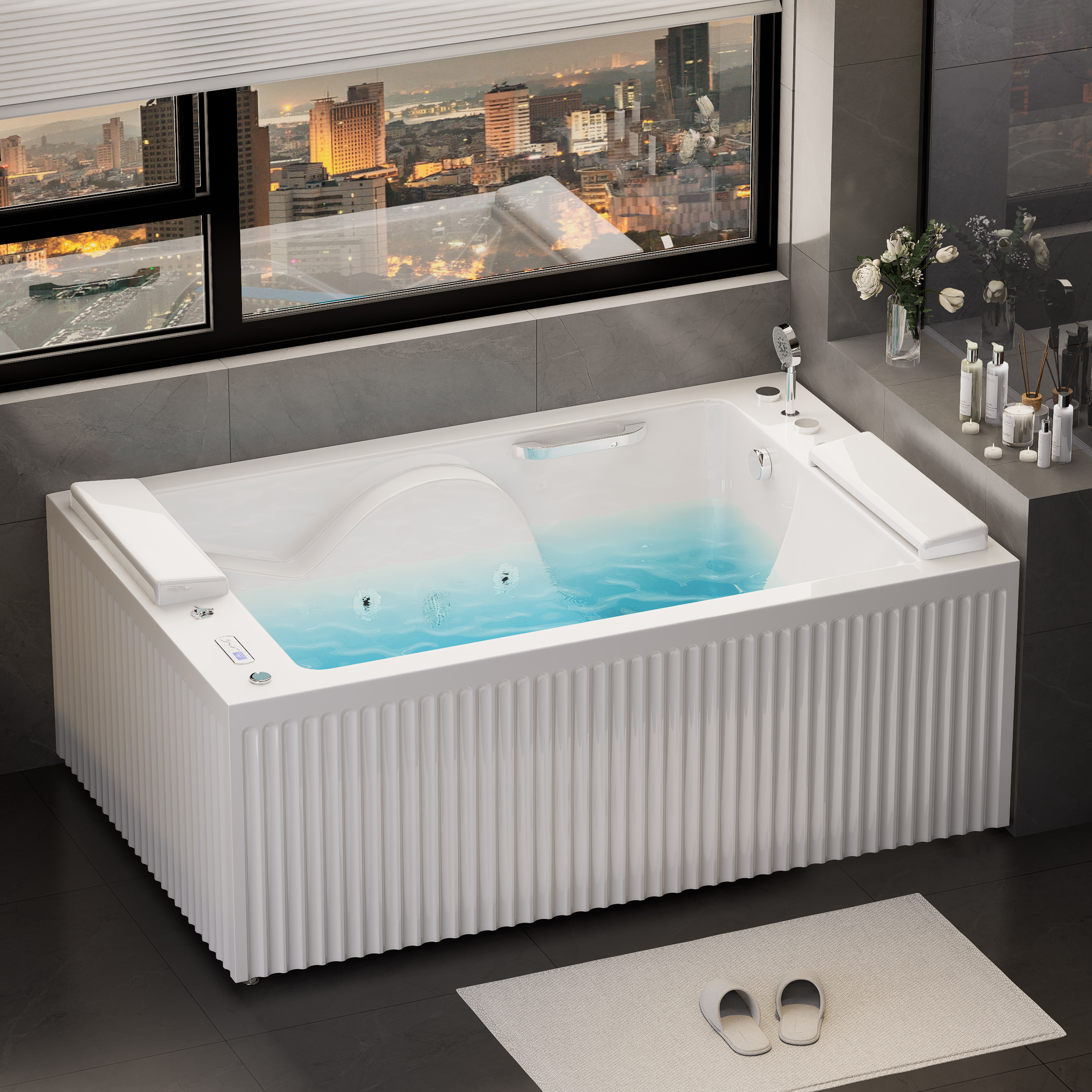 66.7" Double Jacuzzi Bathtub with LED-Lit & Waterfall Pillow Rectangular Acrylic Whirlpool Water