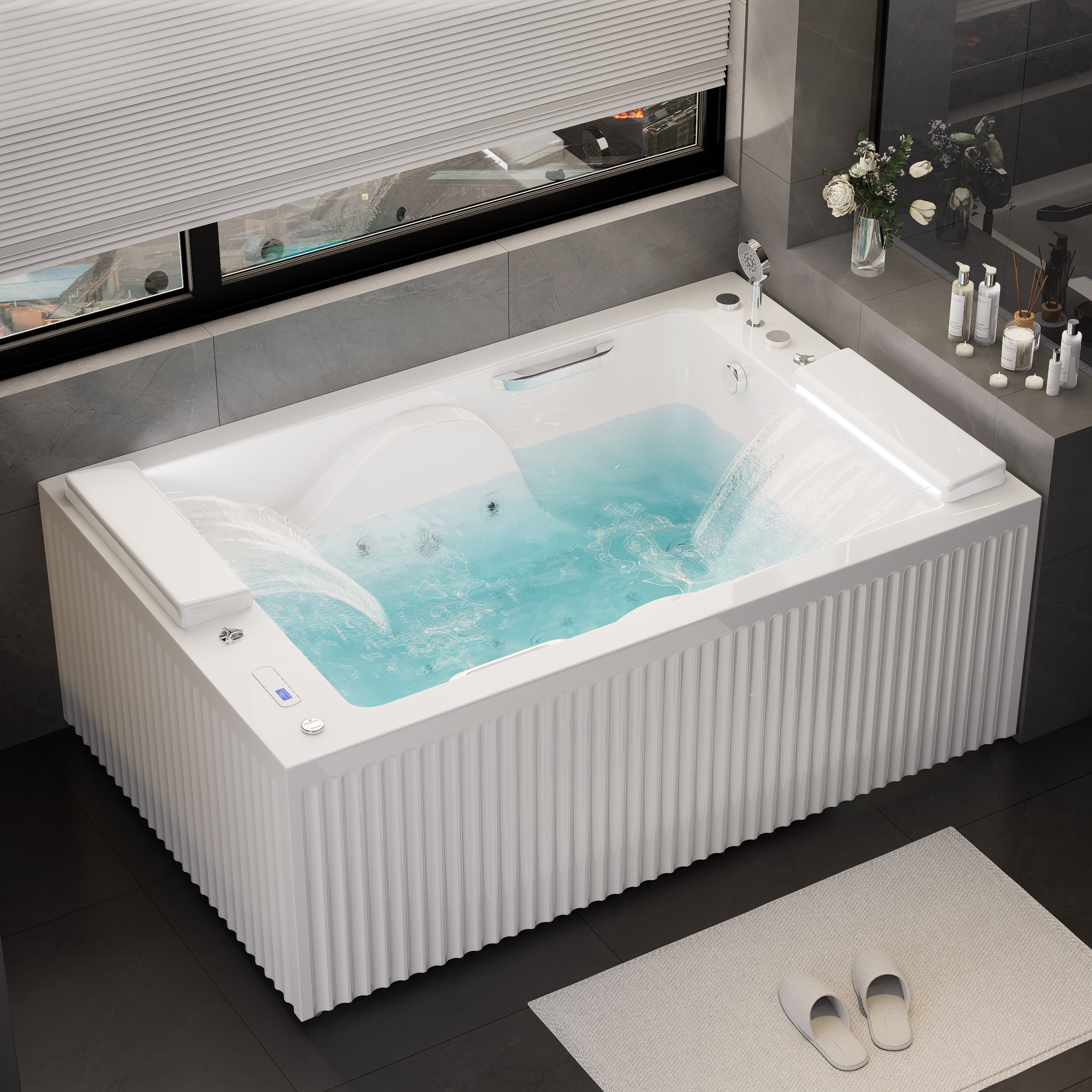 66.7" Double Jacuzzi Bathtub with LED-Lit & Waterfall Pillow Rectangular Acrylic Whirlpool Water