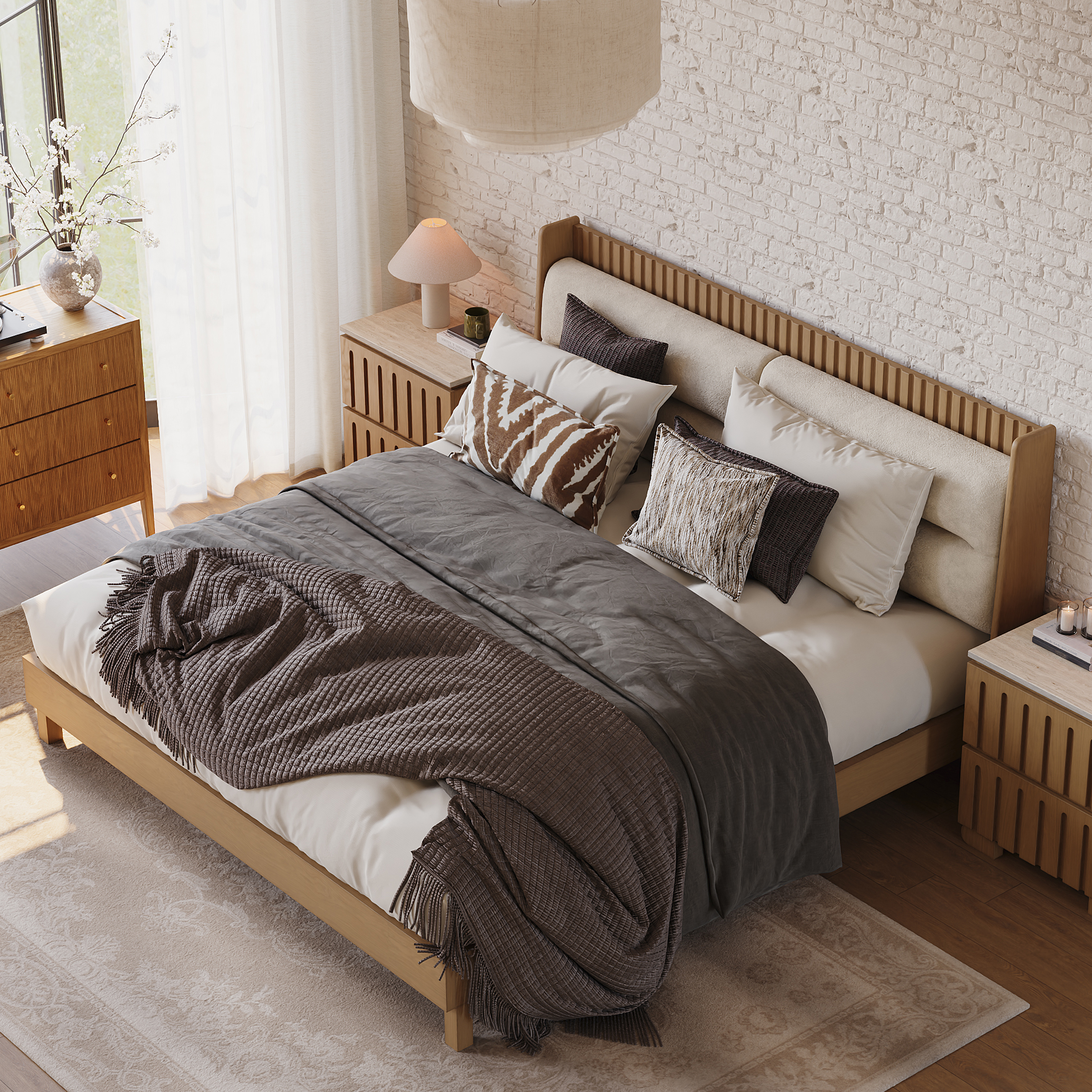 Modern Natural Queen Size Solid Wood Bed with Boucle Headboard Pillows