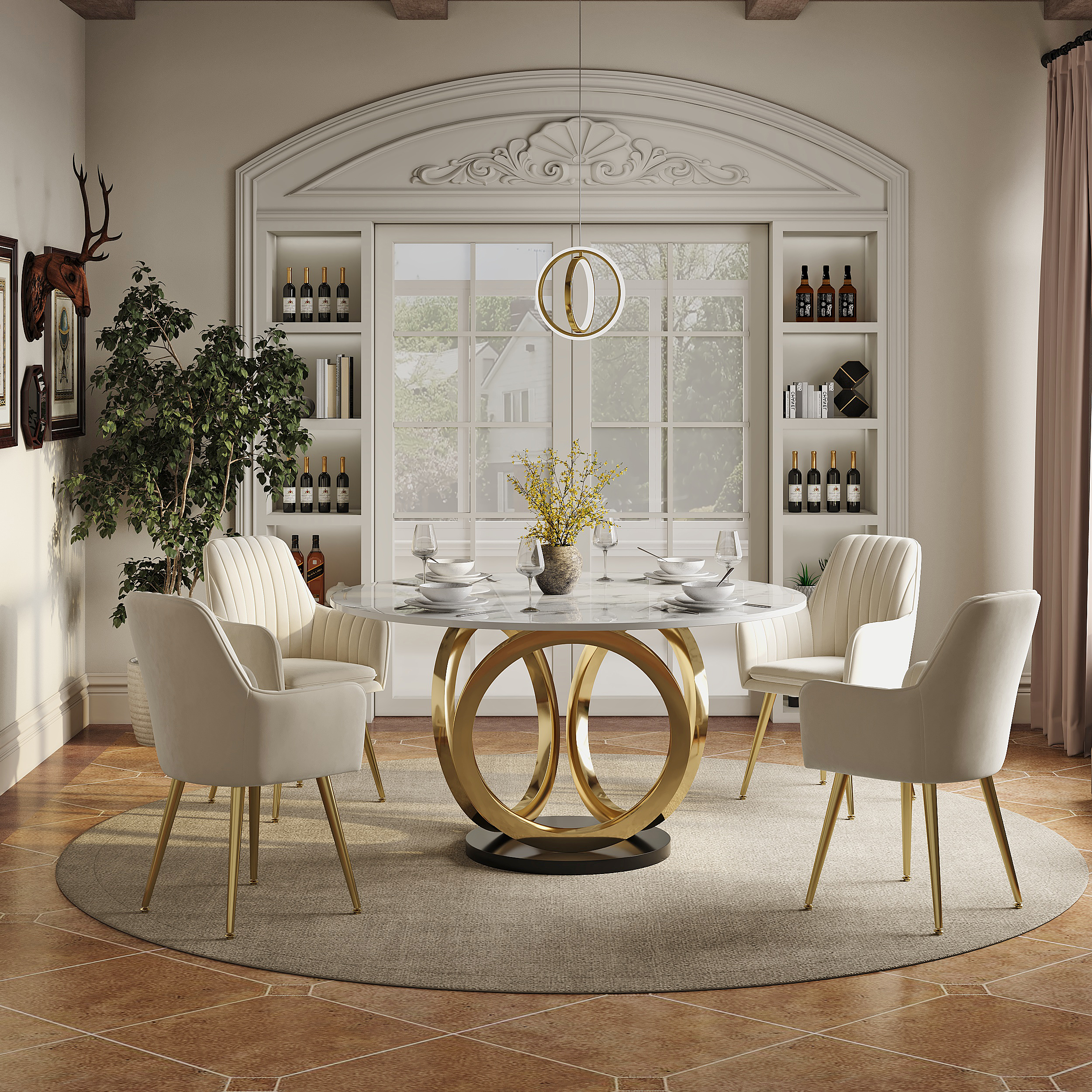 Dining Table Set 53.1" Faux Marble Dining Table White with 4 Velvet Chairs Modern