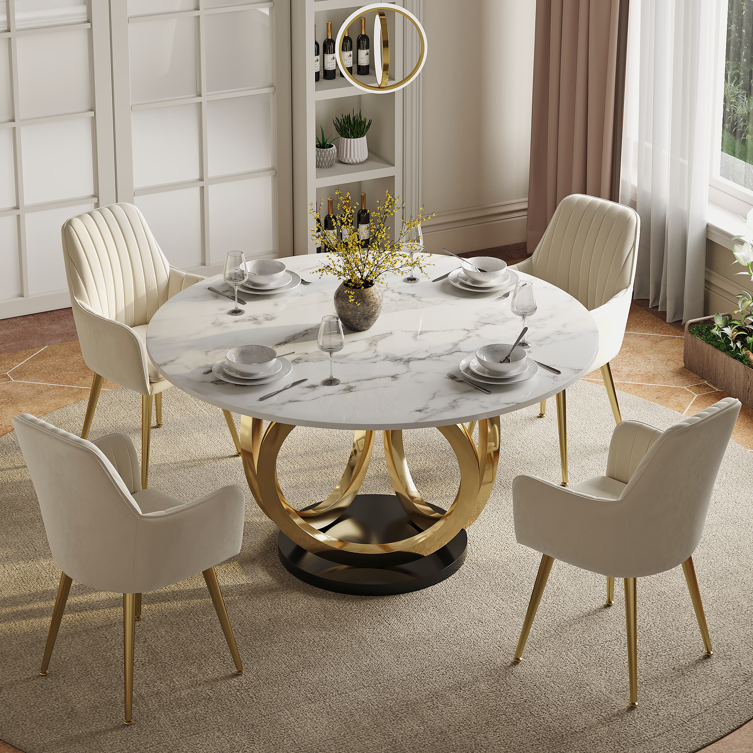 Dining Table Set 53.1" Faux Marble Dining Table White with 4 Velvet Chairs Modern