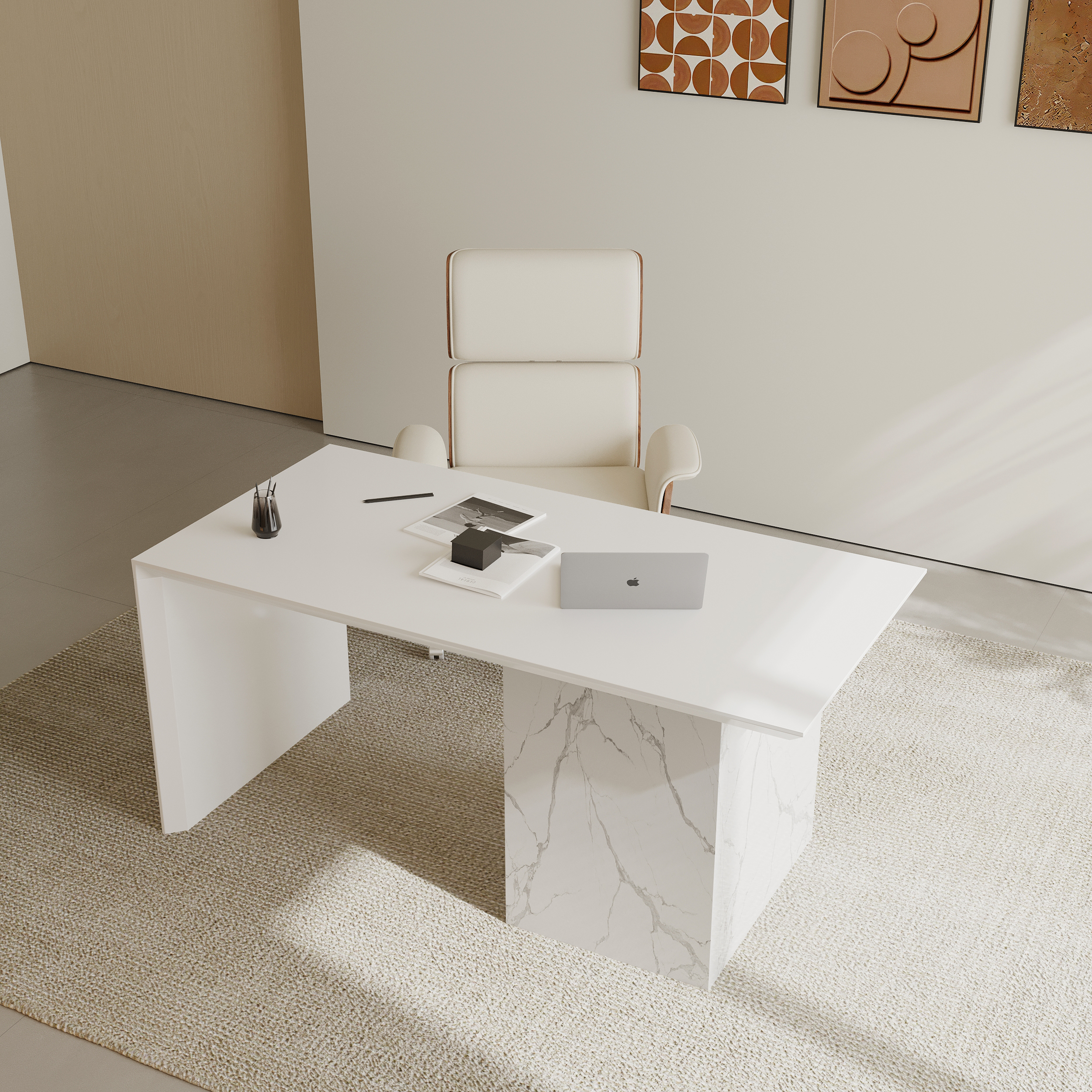 60" Modern MDF & Marble Veneer Desk & Off White Home Office Chair Set High Back