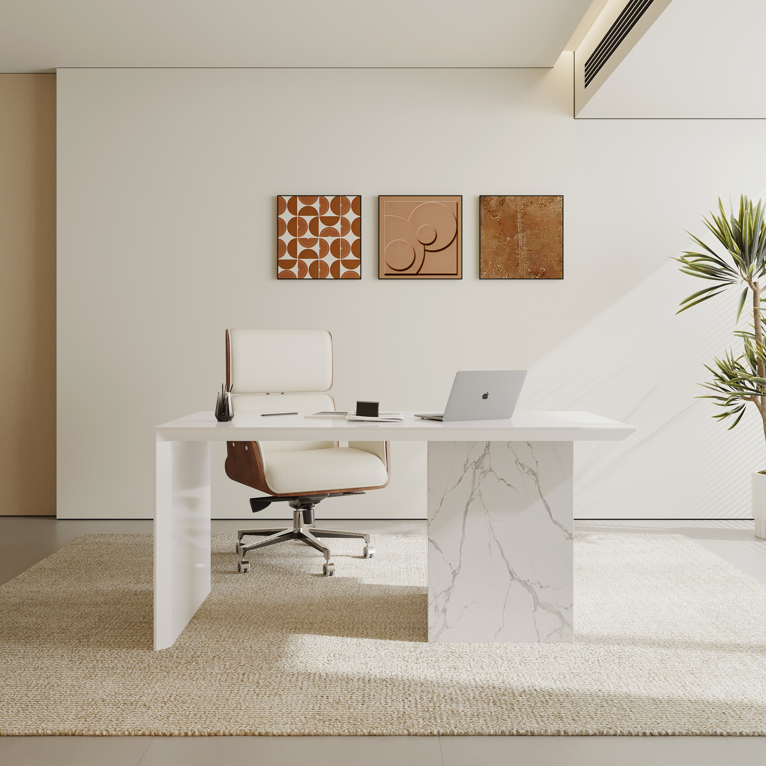 60" Modern MDF & Marble Veneer Desk & Off White Home Office Chair Set High Back