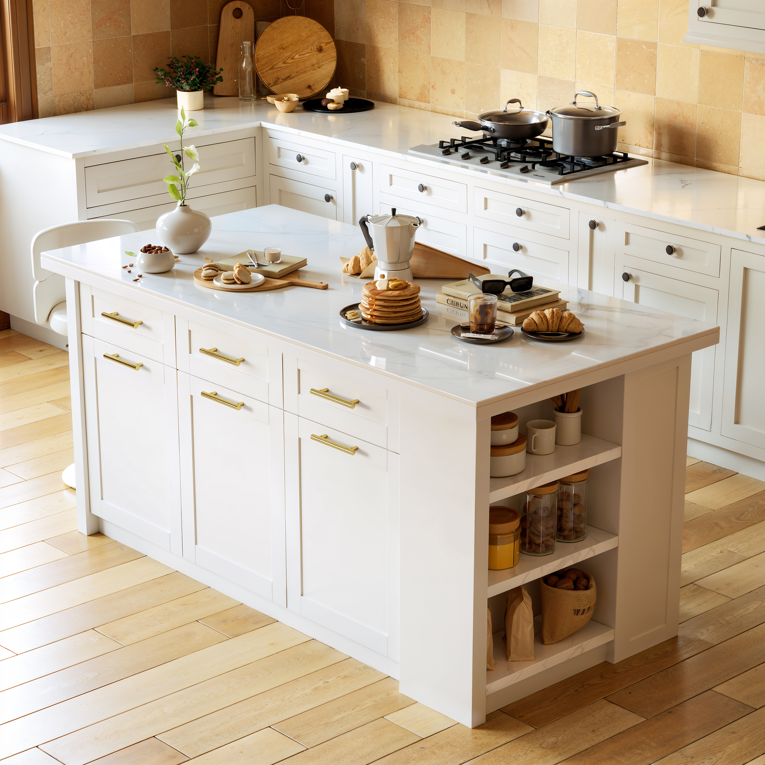 70.9" Kitchen Islands Sintered Stone White Modern with Storage Kitchen Cabinet