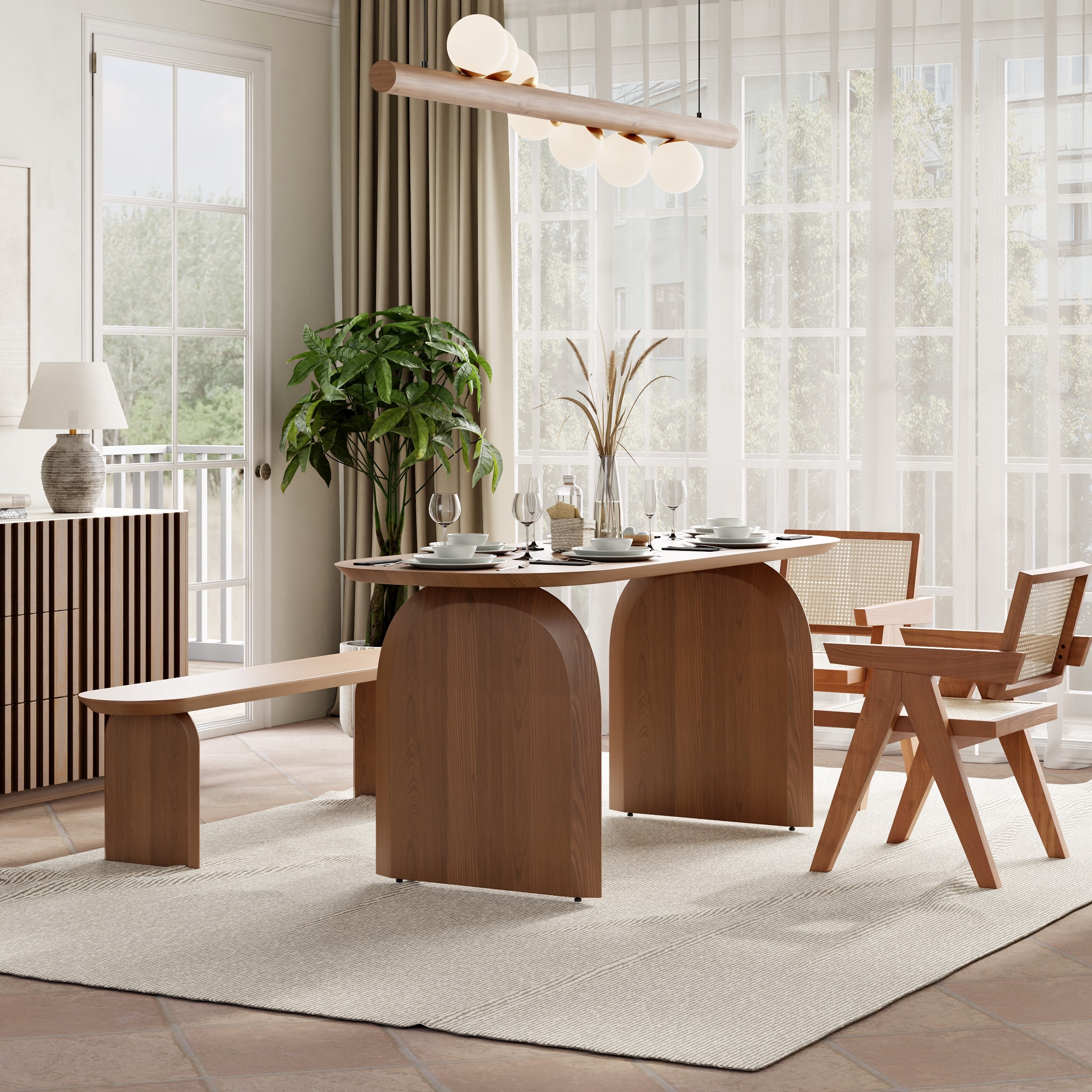 70.9" Oval Dining Table Solid Wood for 6 People Japandi Walnut Pine Wood Dininer Table for Dining