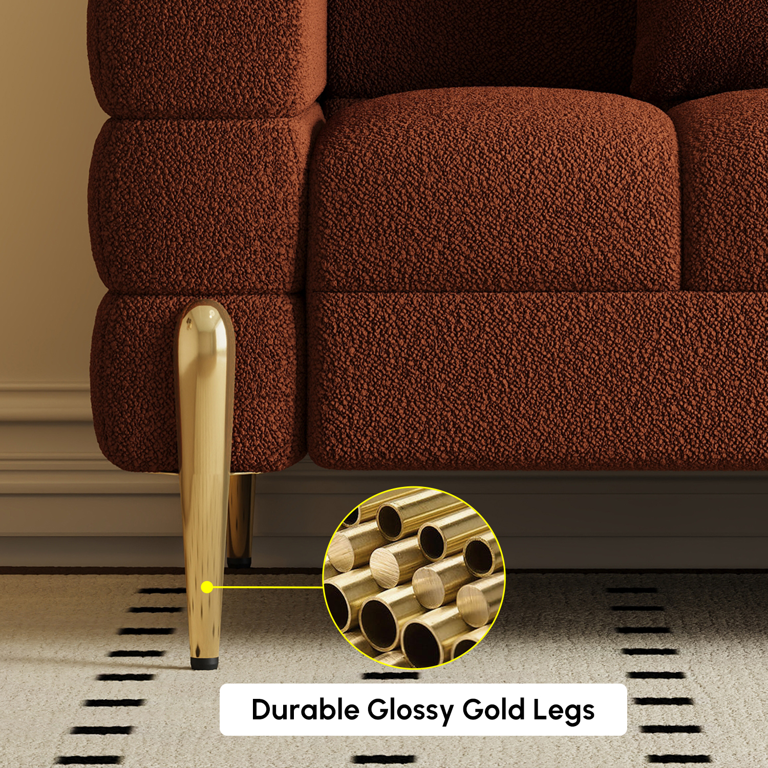Axial 2000mm Boucle Fluted Sofa with Gold Legs & Pillows｜Homary