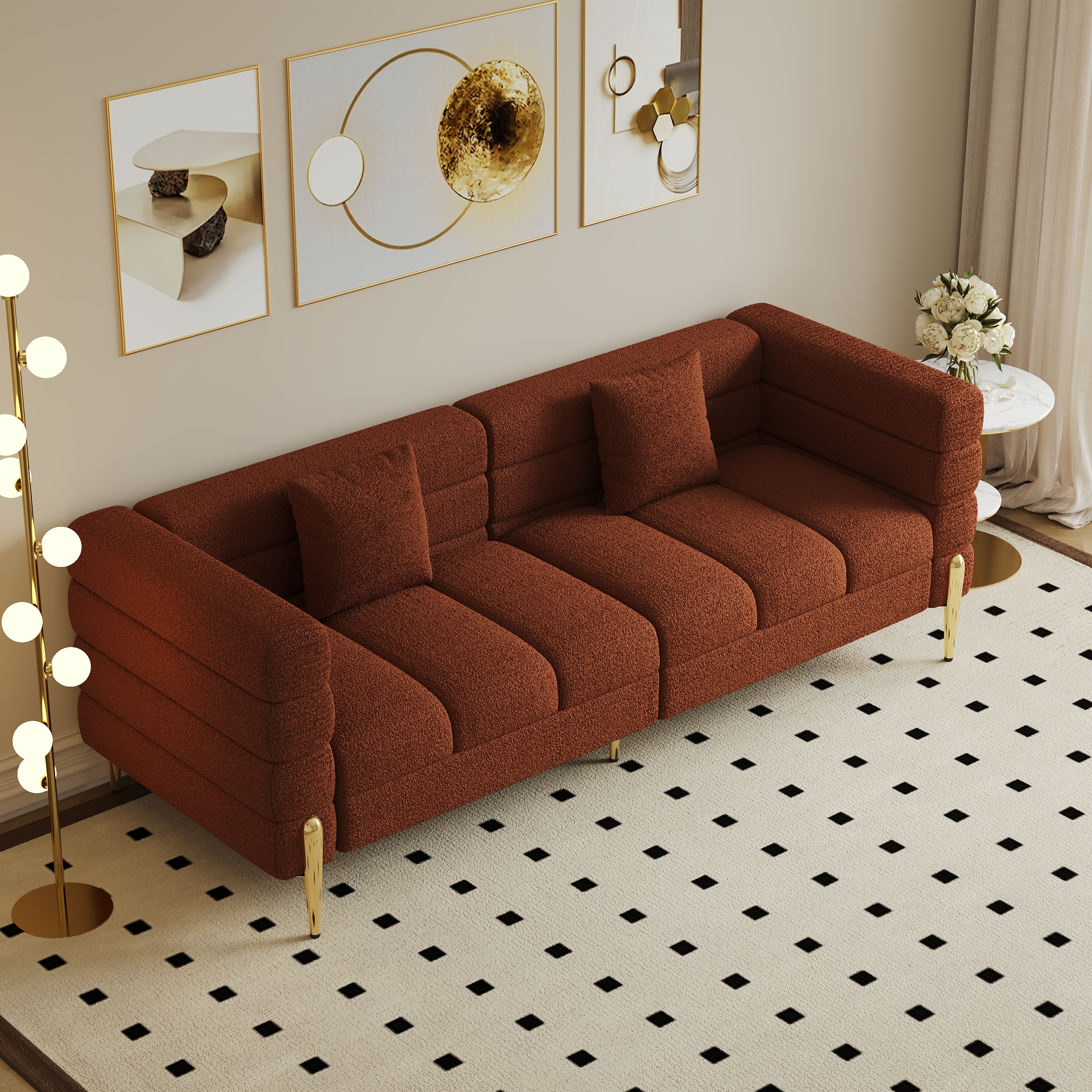 78.7" Modern Rust Boucle Upholstered Fluted 3 Seater Sofa for Living Room with pillow