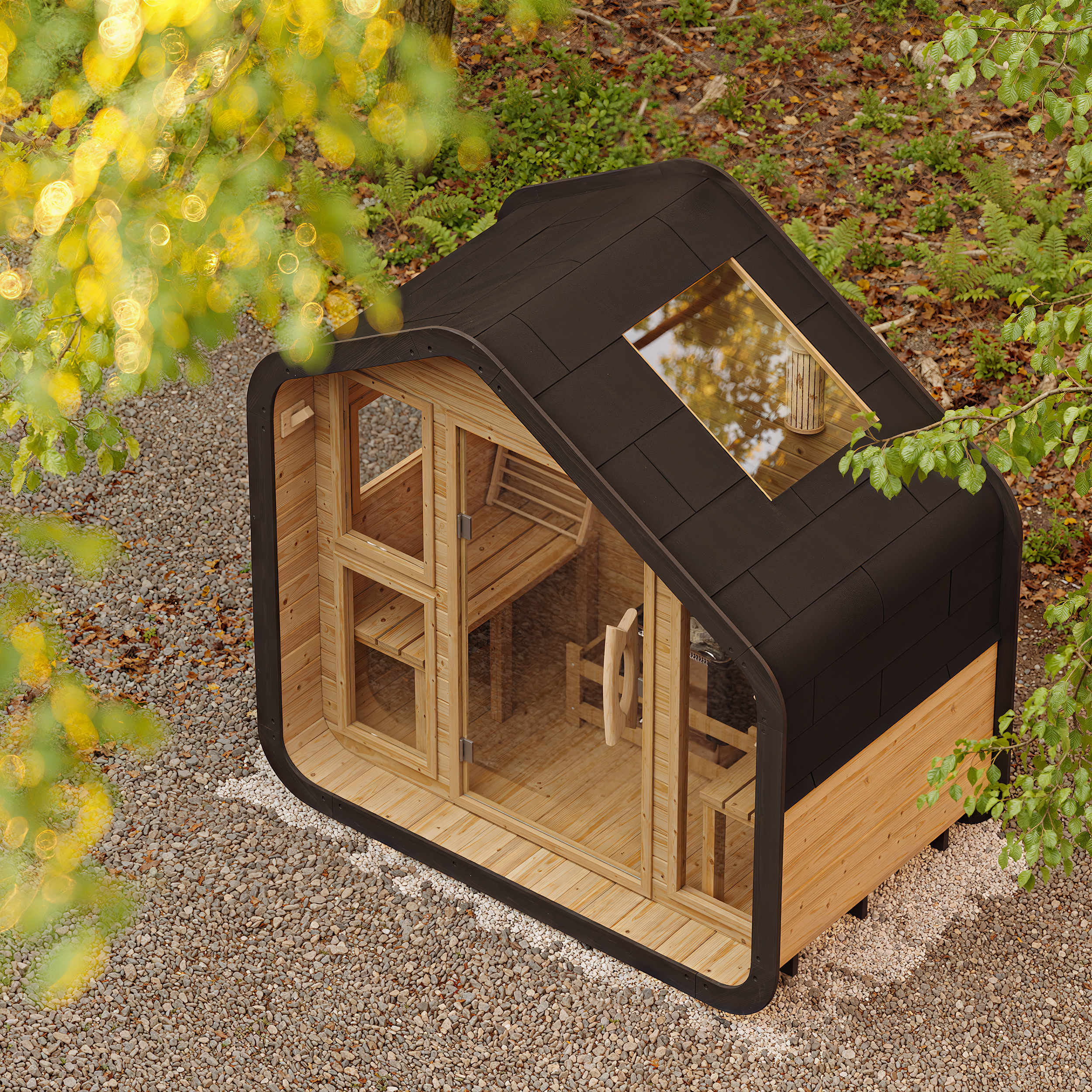 Outdoor Rustic Wooden Sauna with Front Porch Canopy