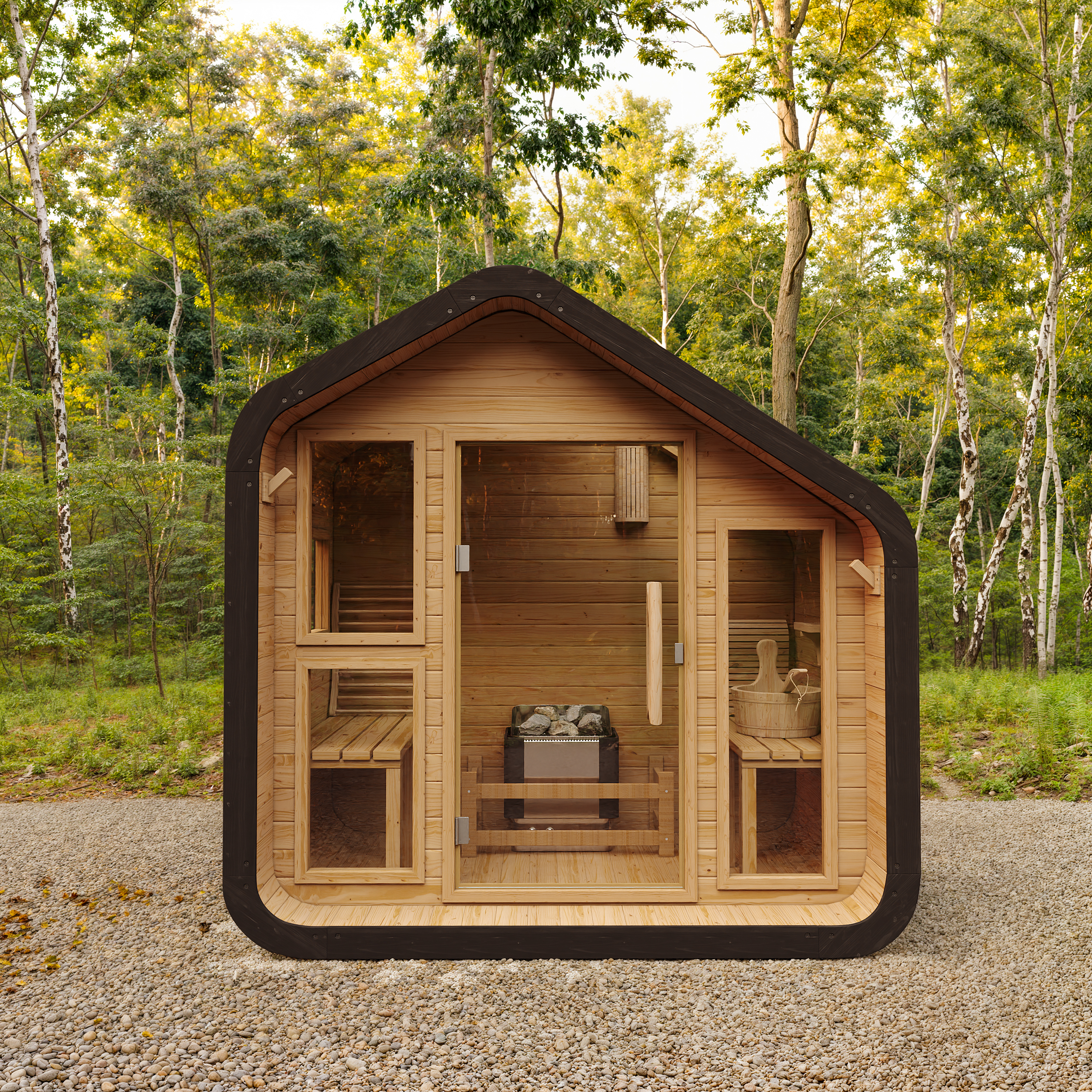Outdoor Rustic Wooden Sauna with Front Porch Canopy