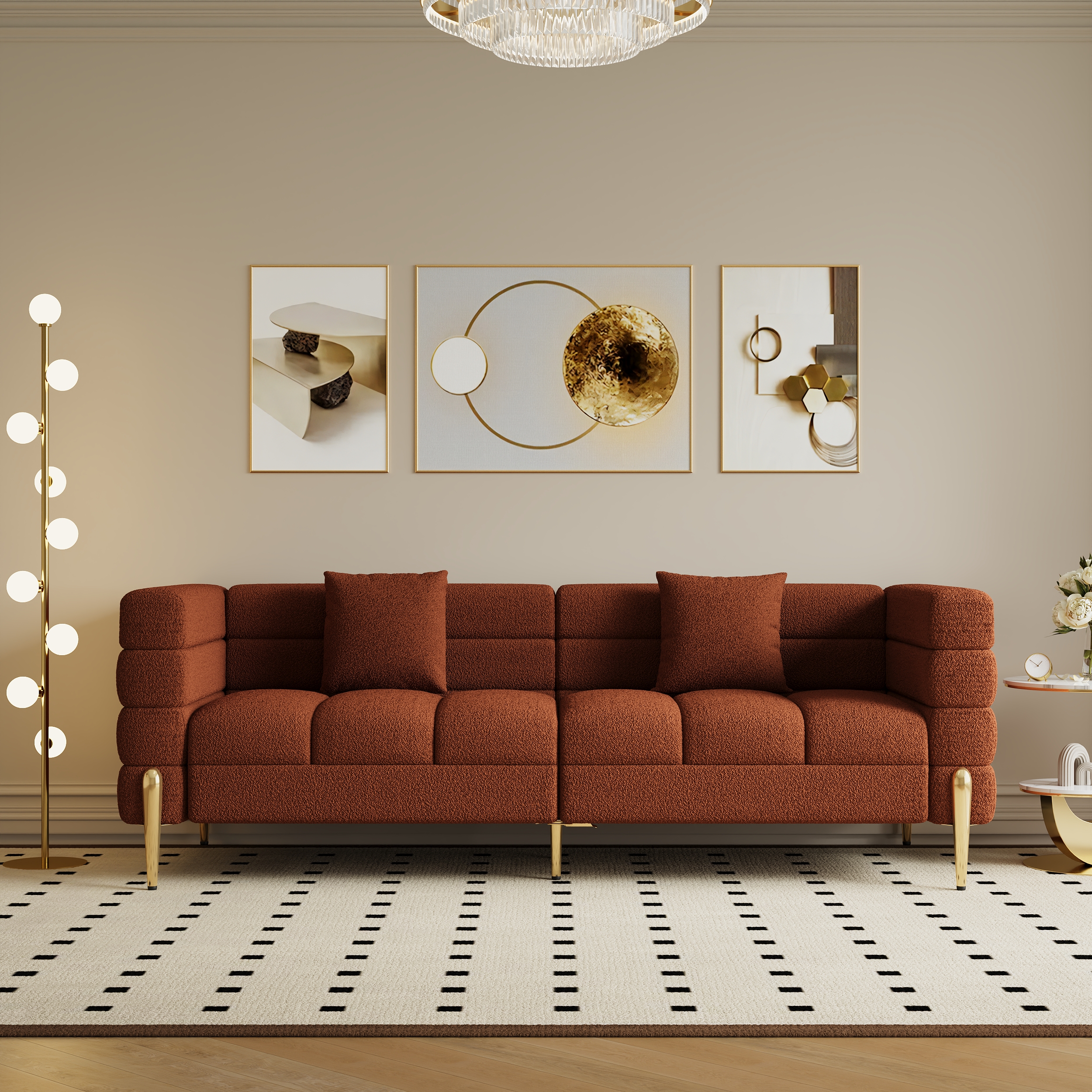 78.7" Modern Rust Boucle Upholstered Fluted 3 Seater Sofa for Living Room with pillow