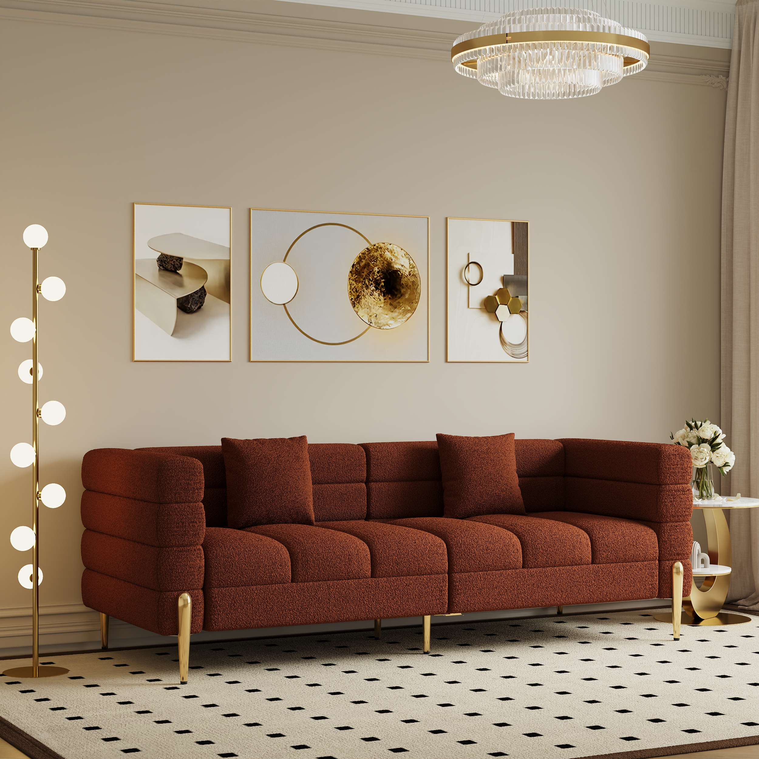 78.7" Modern Rust Boucle Upholstered Fluted 3 Seater Sofa for Living Room with pillow