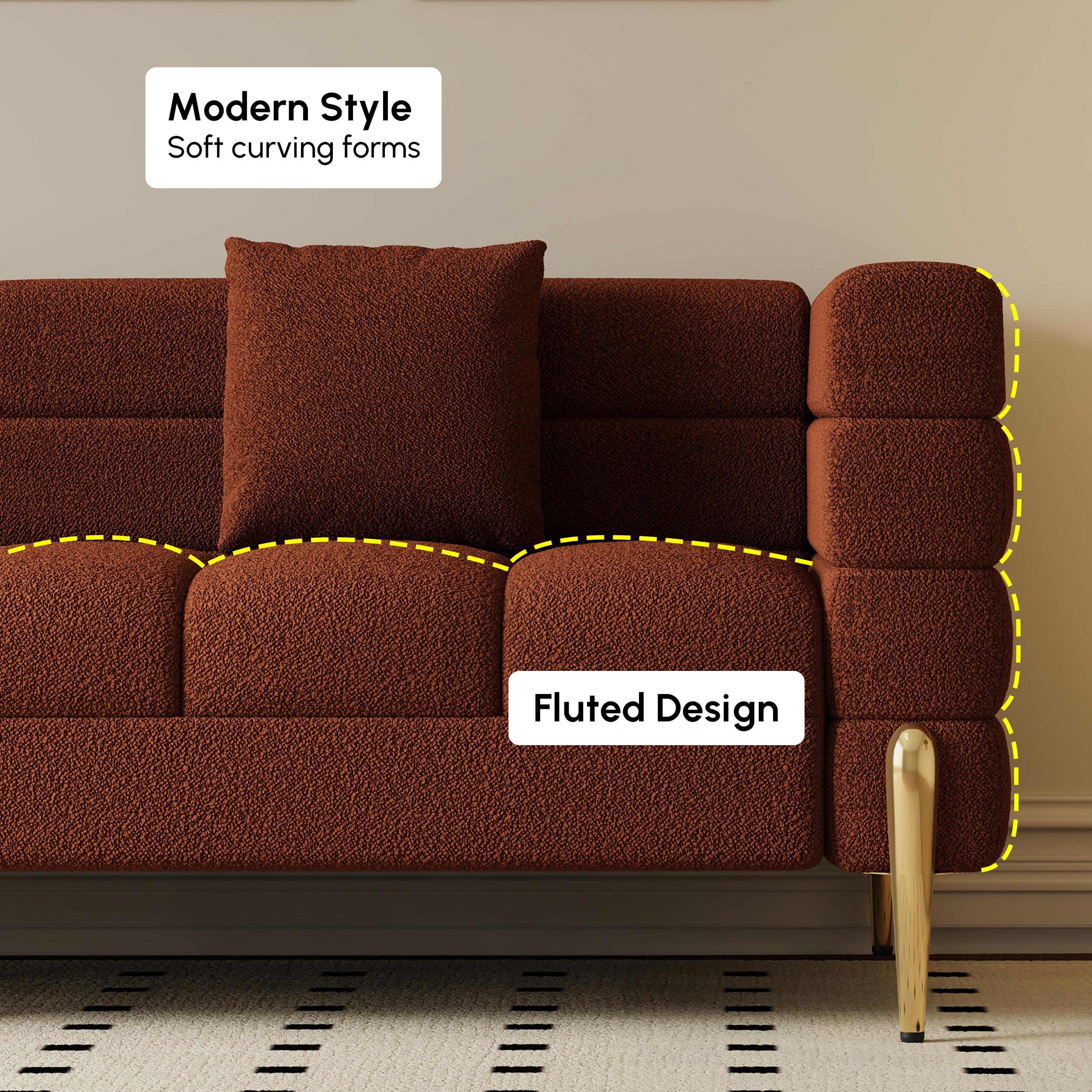 Axial 2000mm Boucle Fluted Sofa with Gold Legs & Pillows｜Homary